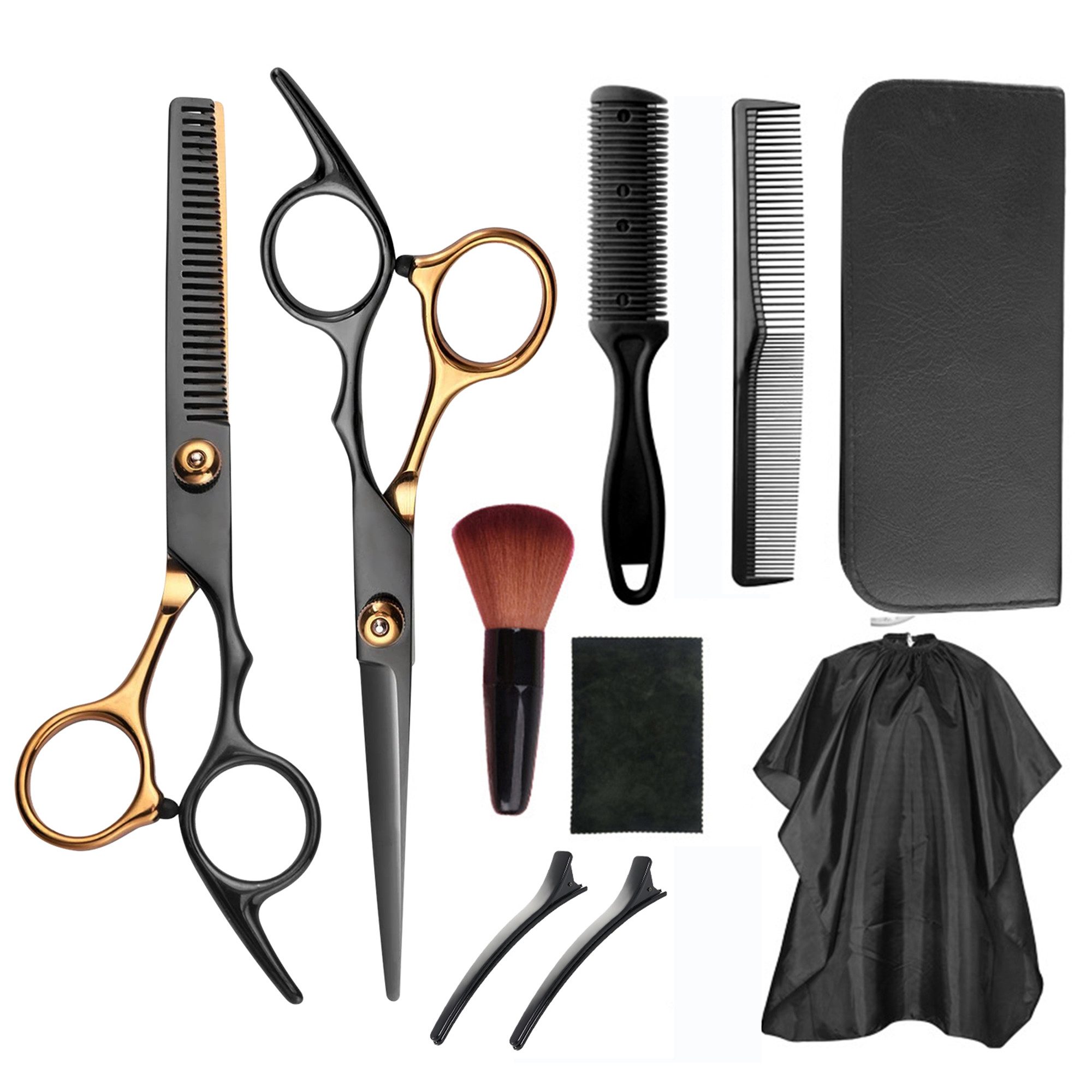YINDN Haarschere, (10er Haarscheren-Set, Edelstahl Friseur Set mit Friseurumhang, Friseurschere, Haarschneideschere, Damen/Herren/Kinder)