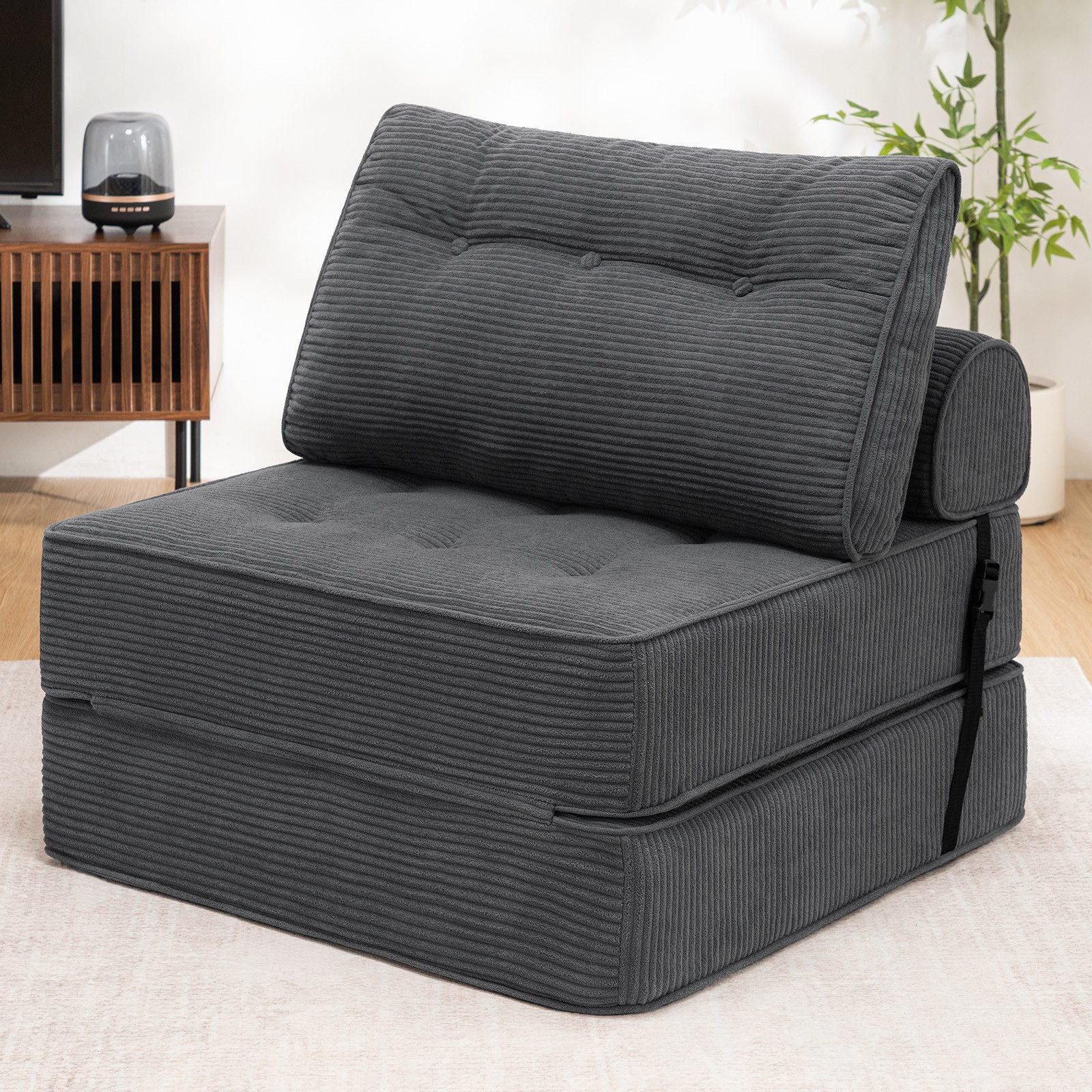MECO Schlafsofa 3-in-1 Klappsofa Schlafsessel Cordstoff mit Kopfkissen+Lendenkissen, Komfortable Schlafcouch Bodensofa 80cm für Schlafzimmer Wohnzimmer