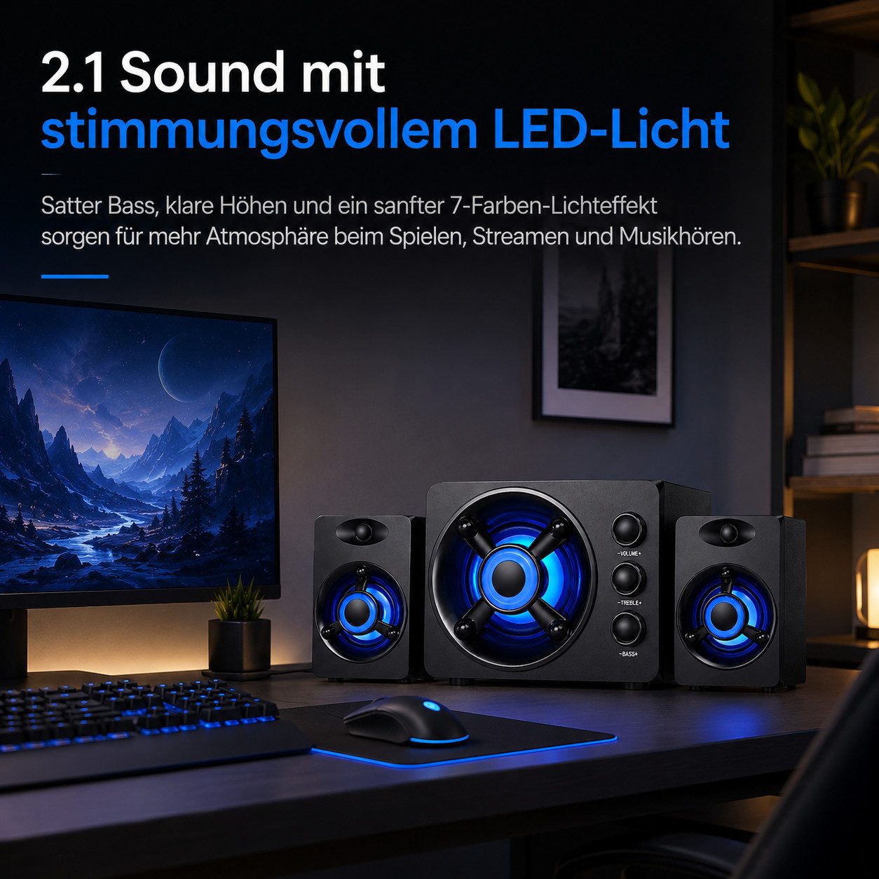 Tekoo 2.1 PC Lautsprecher System Holz, Bluetooth Subwoofer & RGB, USB PC-Lautsprecher 2.1 (Bluetooth, 6 W, Holzgehäuse für natürlichen Klang, RGB-Lichteffekte, Bluetooth)