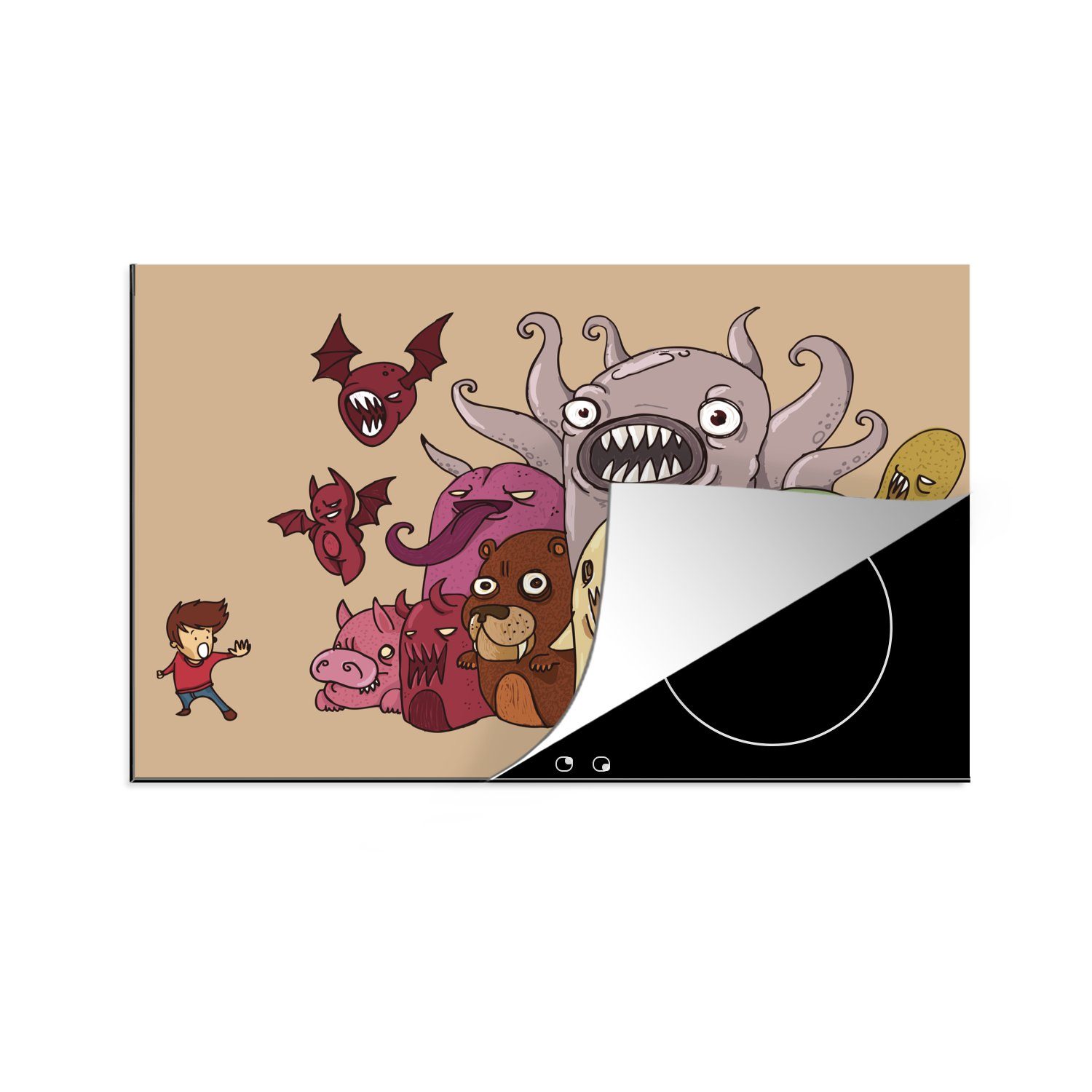 MuchoWow Herdblende-/Abdeckplatte Absurde Monster mit einem verängstigten Jungen, Vinyl, (1 tlg), 81x52 cm, Induktionskochfeld Schutz für die küche, Ceranfeldabdeckung