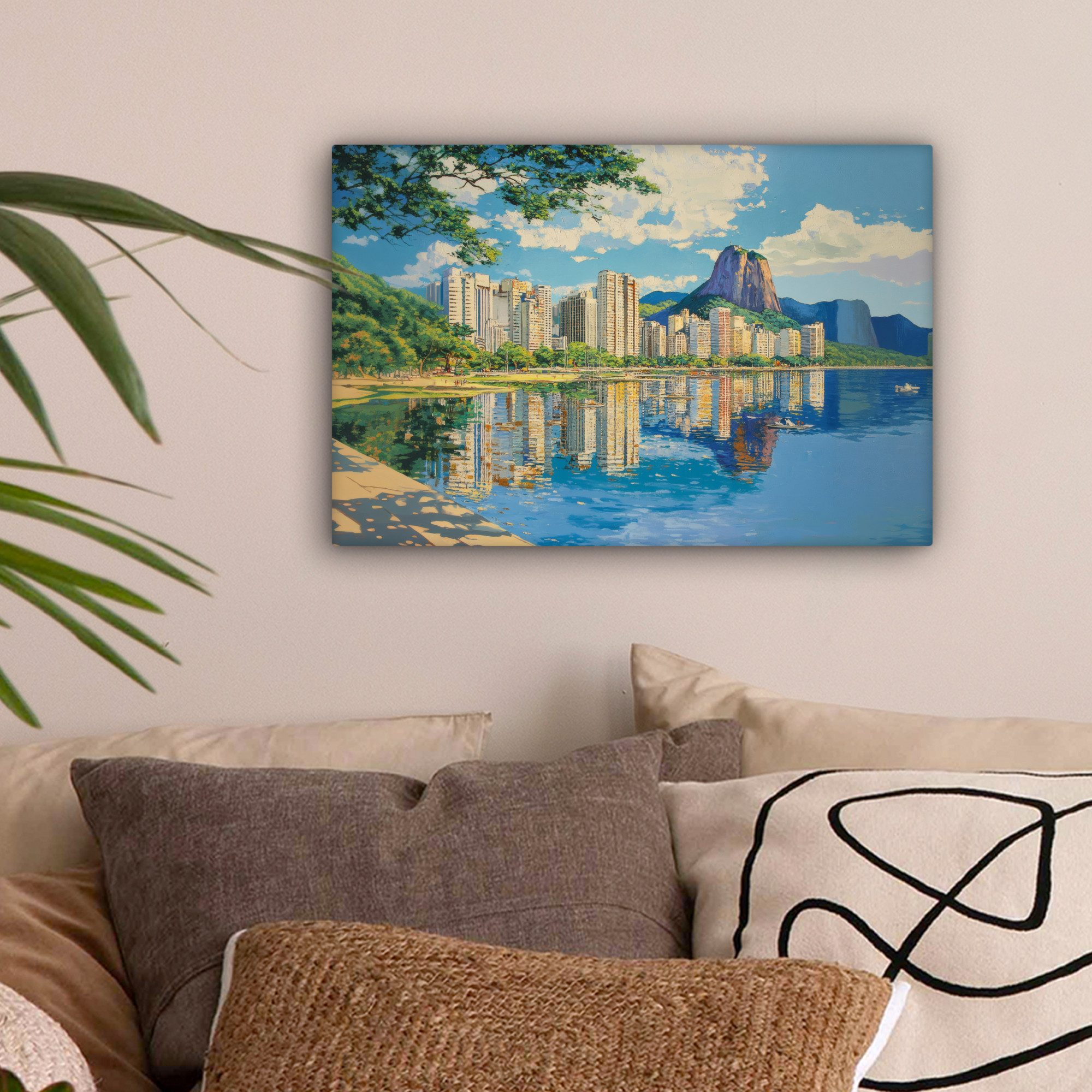 OneMillionCanvasses® Leinwandbild Berg - Skyline - Strand - Wasser, Fotodruck (1 St), Leinwand Bilder Klein, Wand Dekoration Aesthetic 30x20 cm