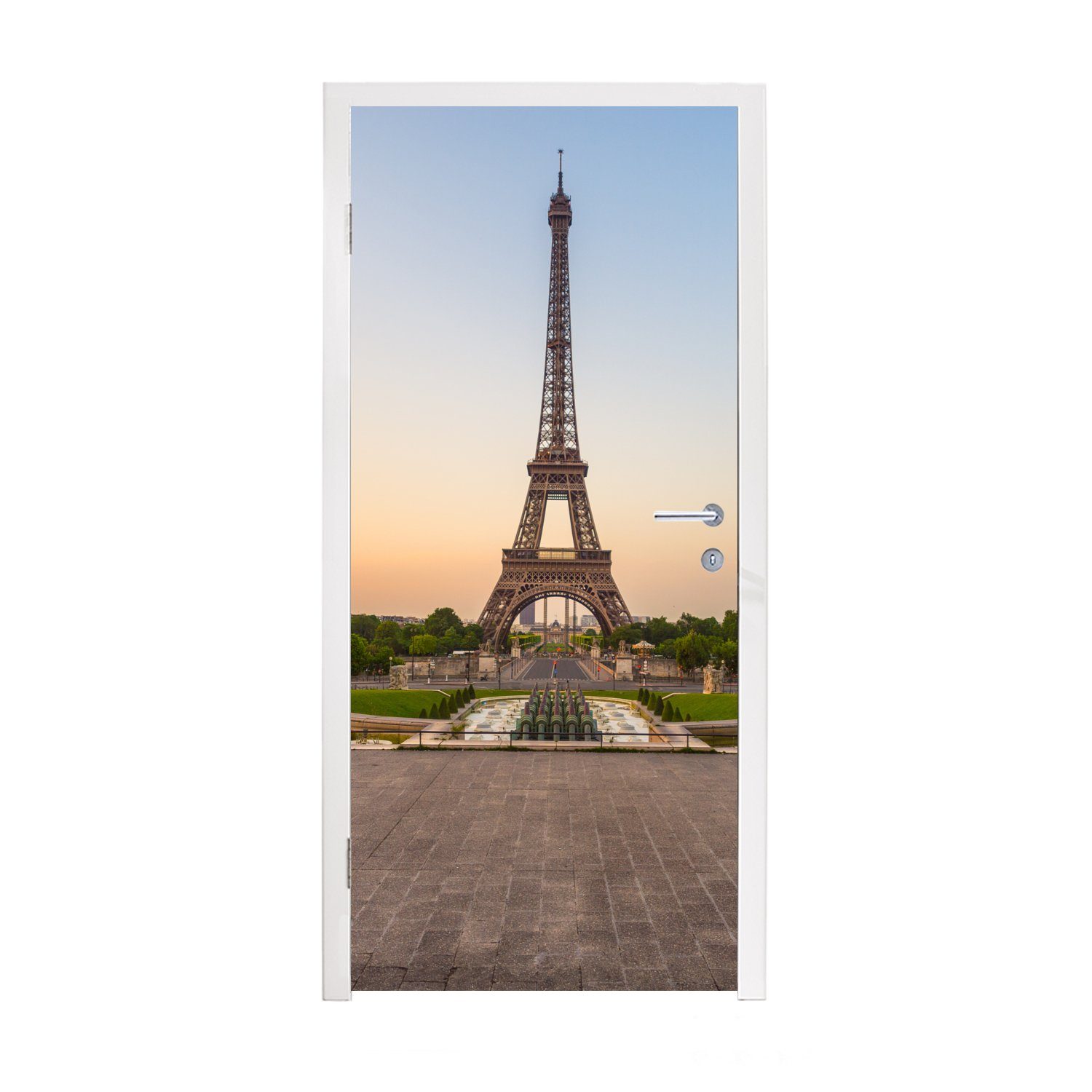 MuchoWow Türtapete Paris - Eiffelturm - Sonnenaufgang, Matt, bedruckt, (1 St), Fototapete für Tür, Türaufkleber, 75x205 cm