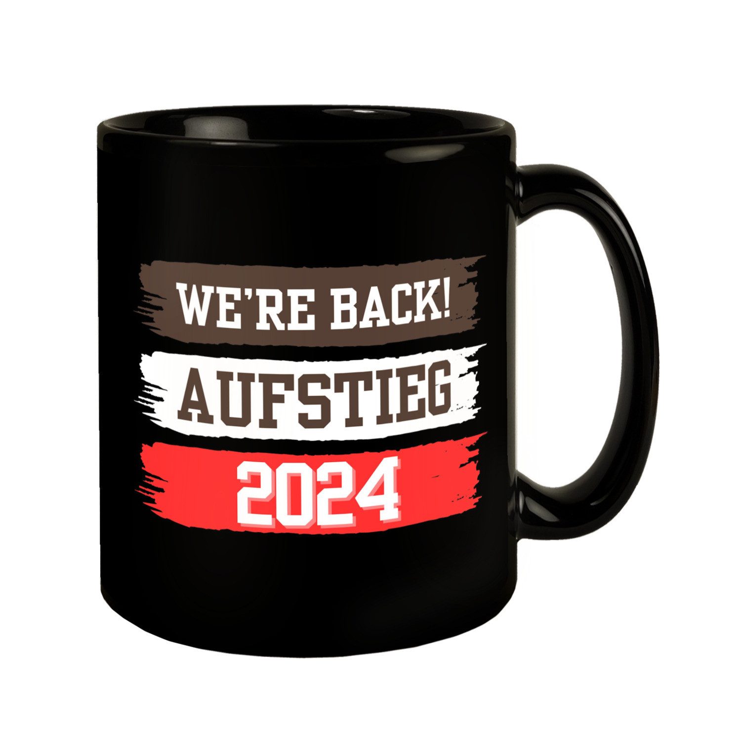 Tasse St. Pauli Aufstieg 2024 Tasse in Schwarz mit Spruch We're back
