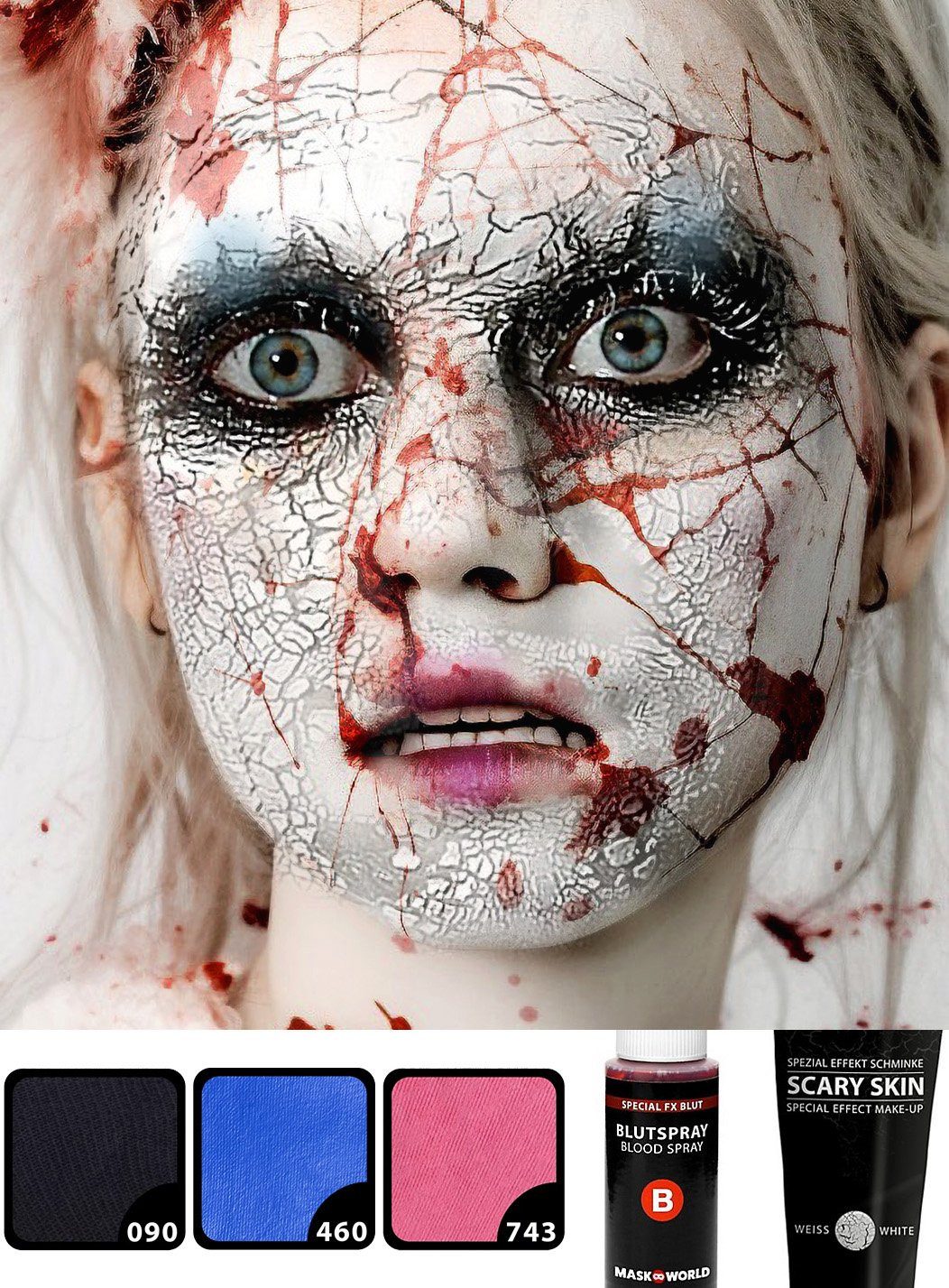 Maskworld Theaterschminke Make-up Set Horror Doll, Halloween Schminkset mit optimal aufeinander abgestimmten Komponenten