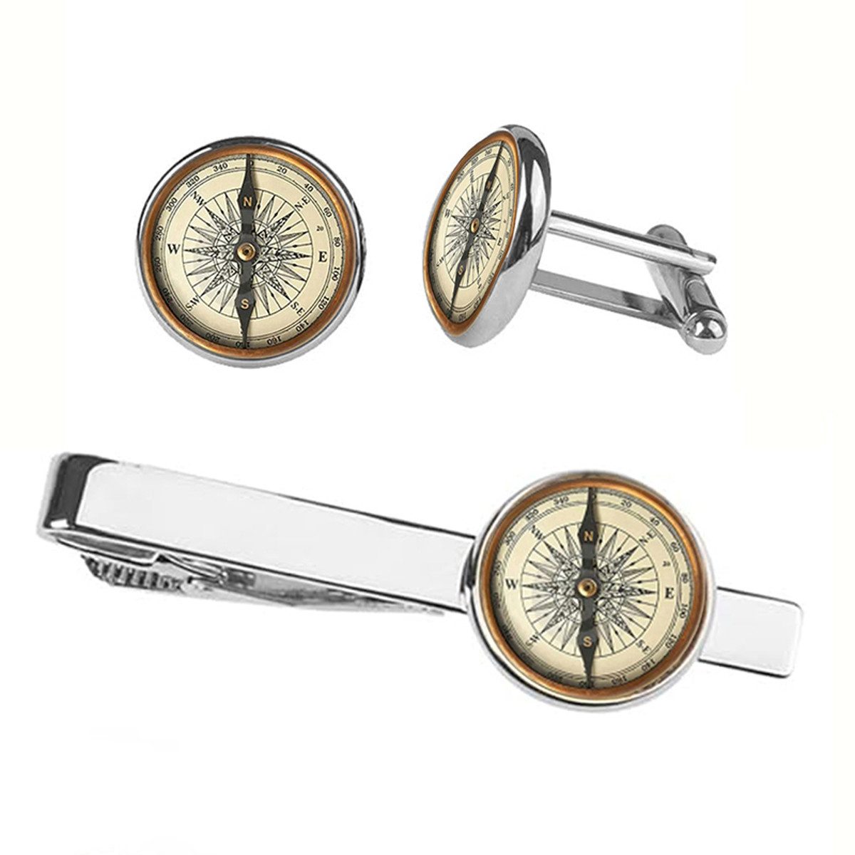 KARMA Manschettenknöpfe Set und Krawattennadel Set Herren Silber Kompass Design (Vintage Look mit runder Kompassoptik, Geschenkidee für Männer), Anzug Zubehör H – Bild 4 von 5
