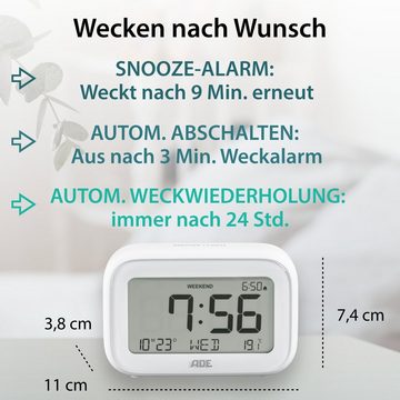 ADE Reisewecker digital mit Temperaturanzeige, eleganter Reisewecker ohne Ticken, mit Datum, mit Wochenendmodus