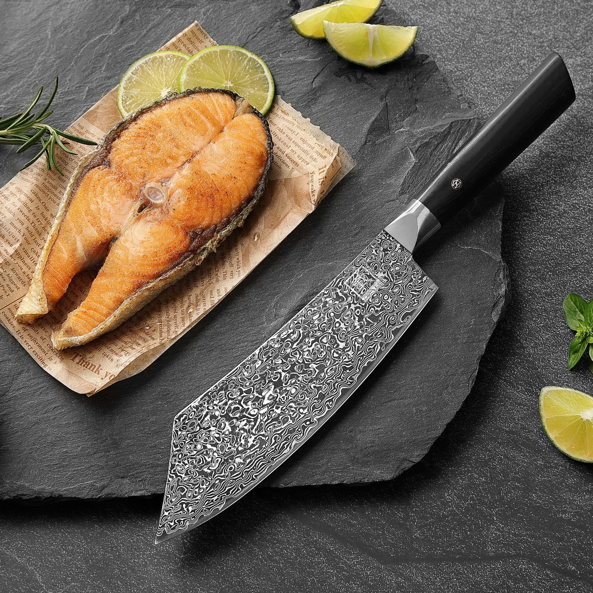 ZAYIKO Fleischmesser Black Edition dunkler Damast Küchenmesser Hakata Bocho 20 cm Klinge, schwarzer Damaststahl, VG10-Kern