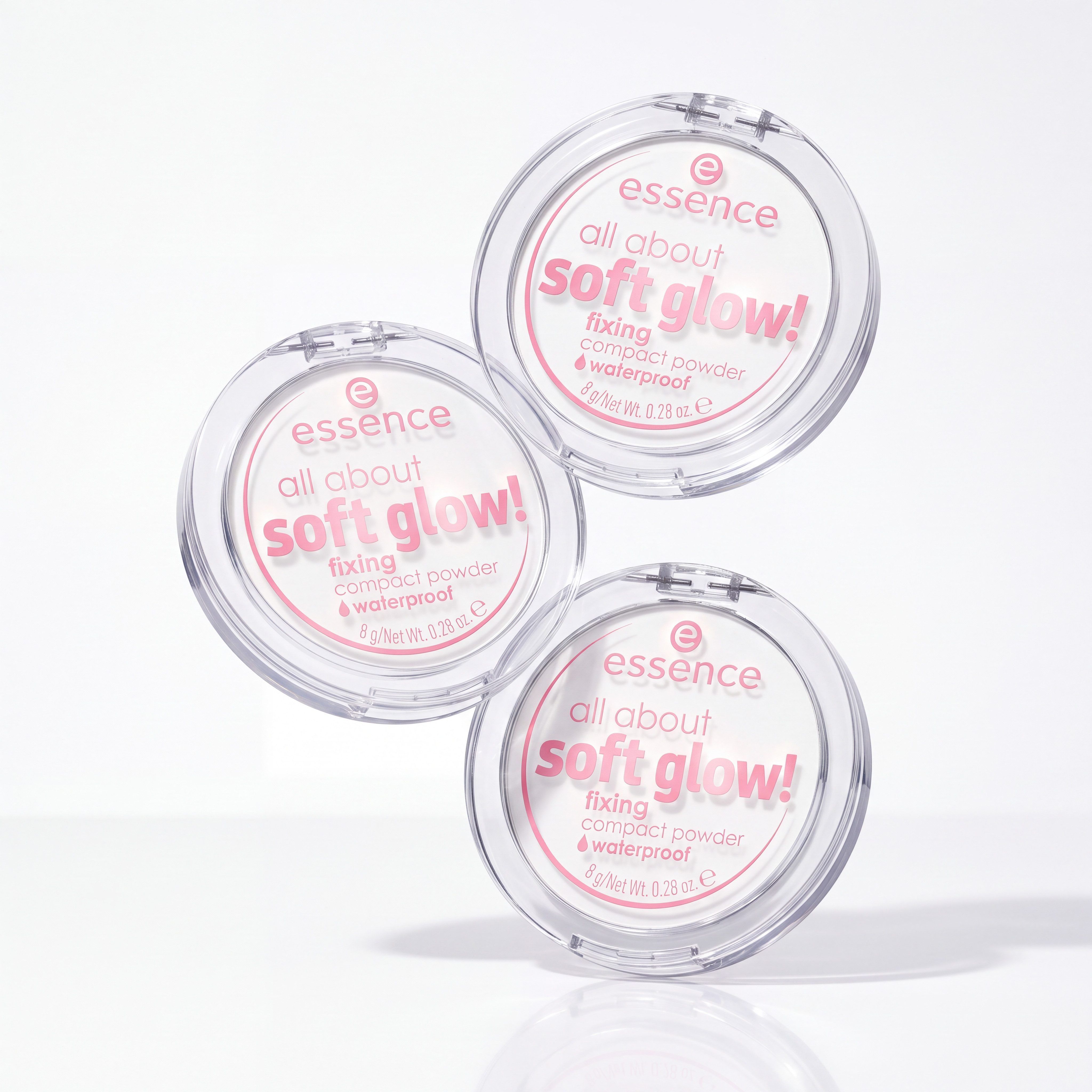 Essence Puder all about soft glow! fixing compact powder waterproof, 3er Pack, wasserfest, langanhaltend, fixierend, leichte Deckkraft