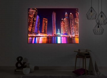 lightbox-multicolor LED-Bild Dubai Skyline mit Cayan Tower front lighted / 60x40cm, Leuchtbild mit Fernbedienung