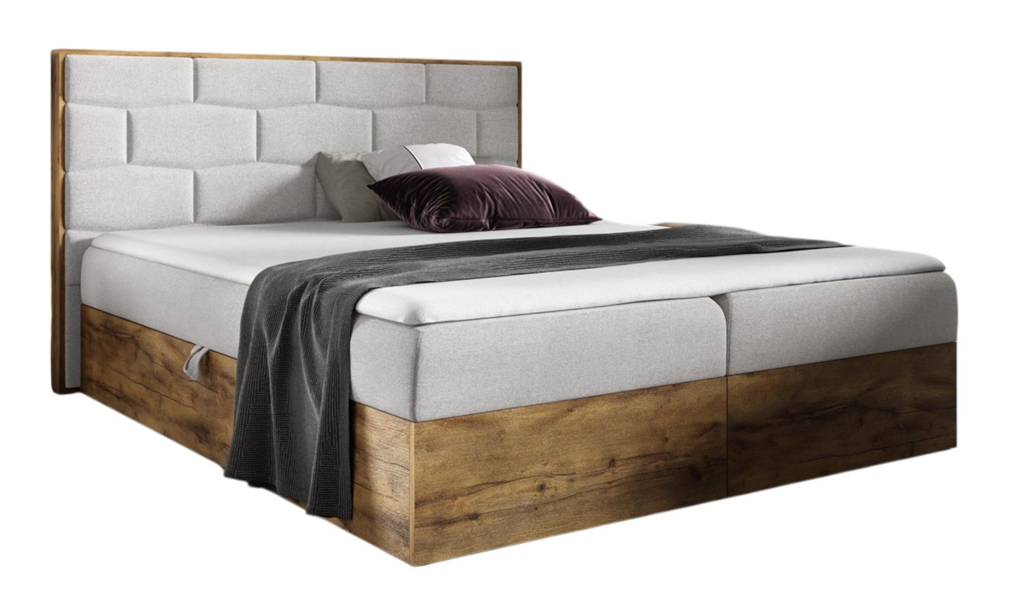 Fun Möbel Boxbett Schlafzimmerbett BEILA Überlänge in Stoff Faro (auch in Standardlänge erhältlich, Inkl. Bettkästen und Topper), Lancelot-Eiche-Optik