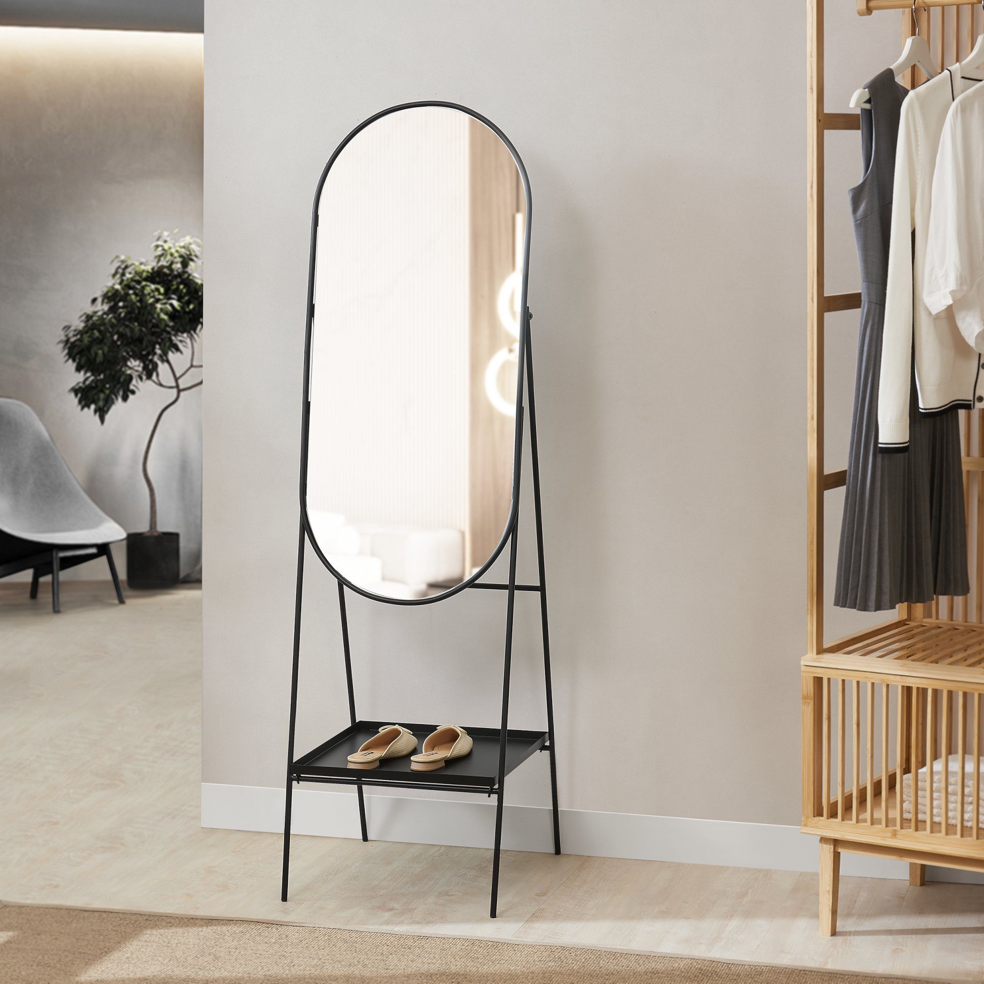 en.casa Standspiegel, »Perano« Ovaler Spiegel mit Metallrahmen 160 x 46 cm  Schwarz | Dekospiegel