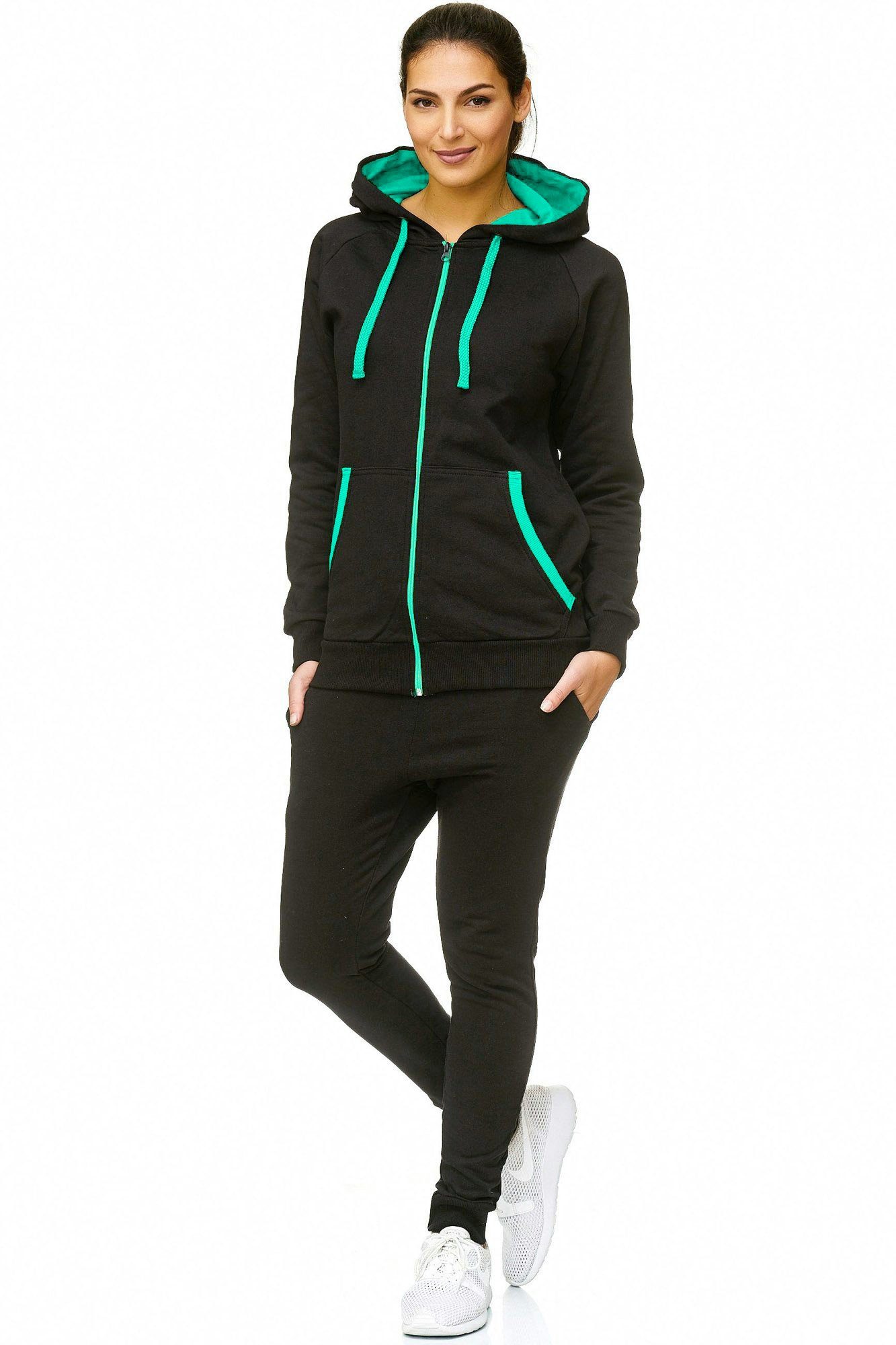 L.gonline Freizeitanzug Damen Freizeitanzug Jogginganzug Sweatwear 704 (Kapuzenjacke mit Reißverschluss, Hose, 2-tlg), Fitness Freizeit Casual – Bild 2 von 5