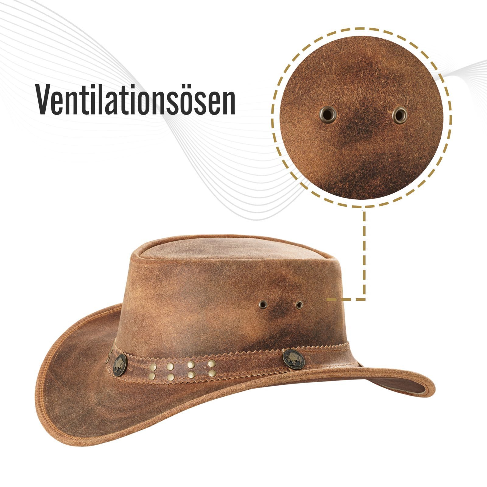 BLACK FOREST FOX Cowboyhut Buffalo Bill Herren Damen Western Cowboy Leder Hut in 5 Farben (Inhalt) Fuchs Braun Größe S