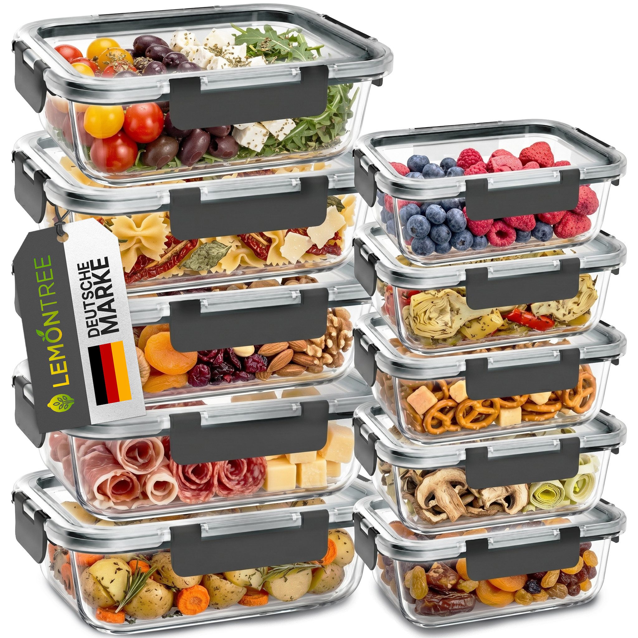 Lemontree Vorratsdose mit Deckel Luftdicht - Meal Prep Boxen Glas - Mikrowellengeeignet, Hochborosilikatglas, (Vorratsdosen-Set (3-teilig, groß je 1040 ml), Meal Prep Boxen 3er Set - 1040ml - auch als 5er & 10er Set erhältlich), Luftdicht, auslaufsicher, stapelbar, mikrowellen-, ofen- & gefrierfest