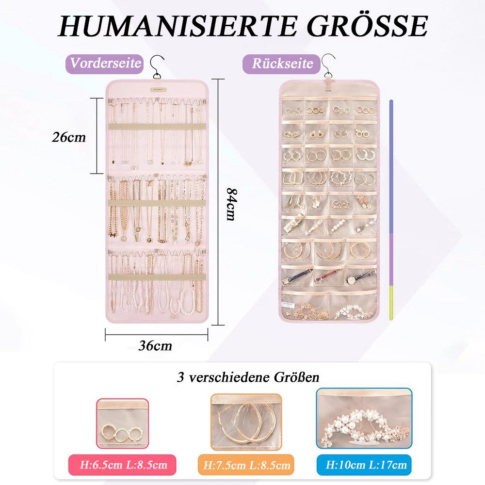 TUWENA Schmuckständer Hängender Schmuckorganizer, Schmuckaufbewahrung Doppelseitige, Mit 32 Taschen und 3 Metallhaken Ketten für Ohrringe Halsketten Ringe