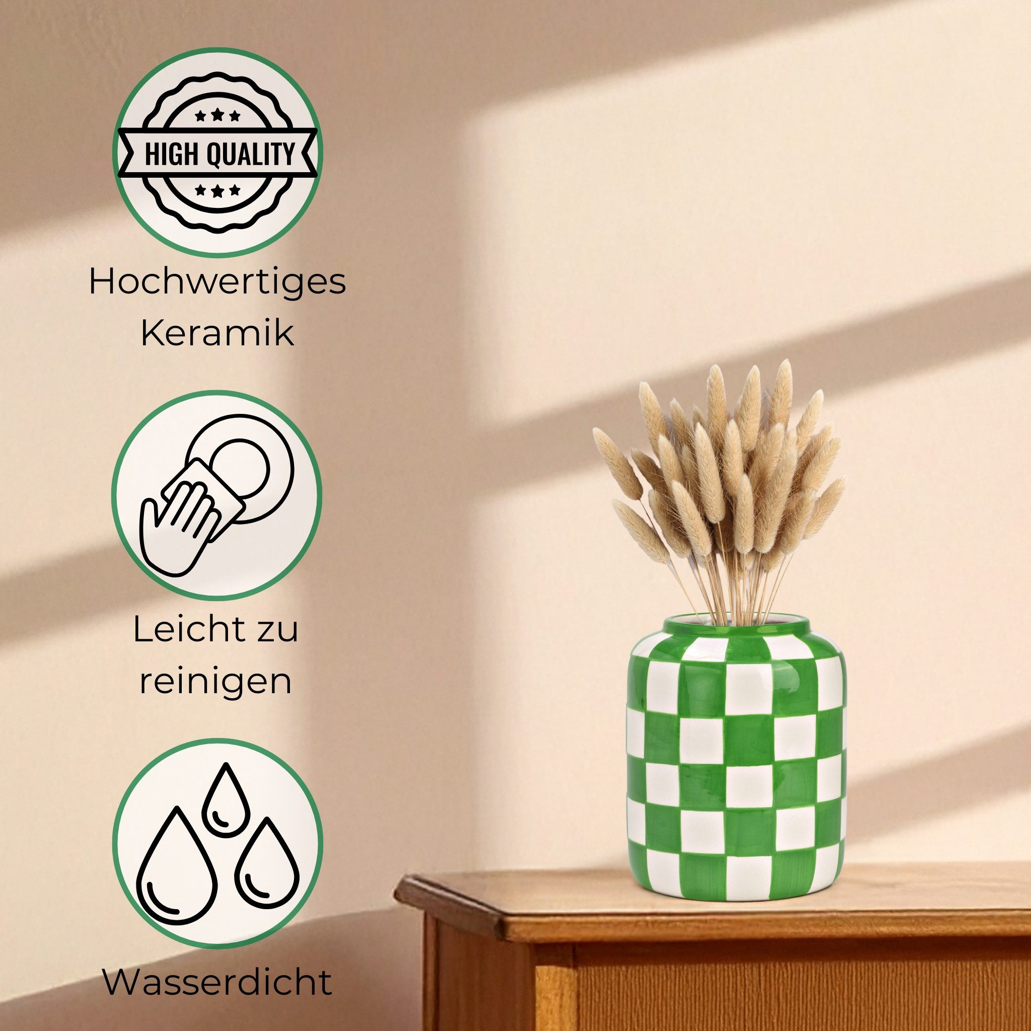 matches21 HOME & HOBBY Dekovase Blumenvasen Set kariert, grün weiß in Ø 12 x 14 cm (1 St), Moderne Keramik Vase als Wohnzimmerdeko