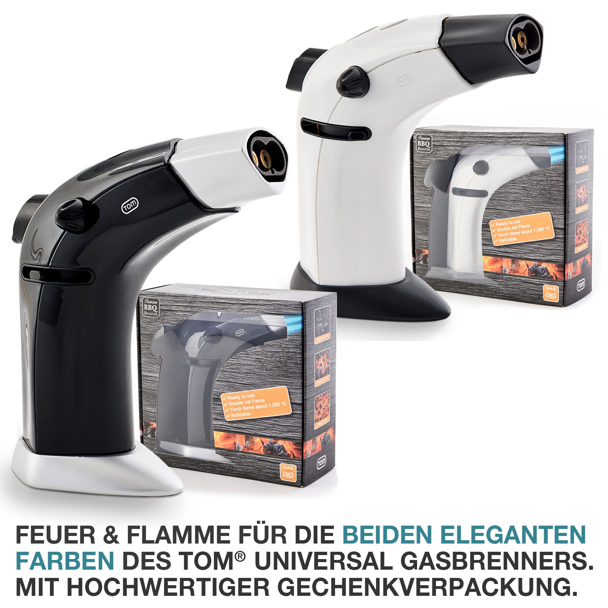 TOM Flambierbrenner Gasbrenner Doppel Jetflame Set mit 5x 100ml Gaskartusche, (1-tlg), Nachfüllbar, bis zu 1300°C