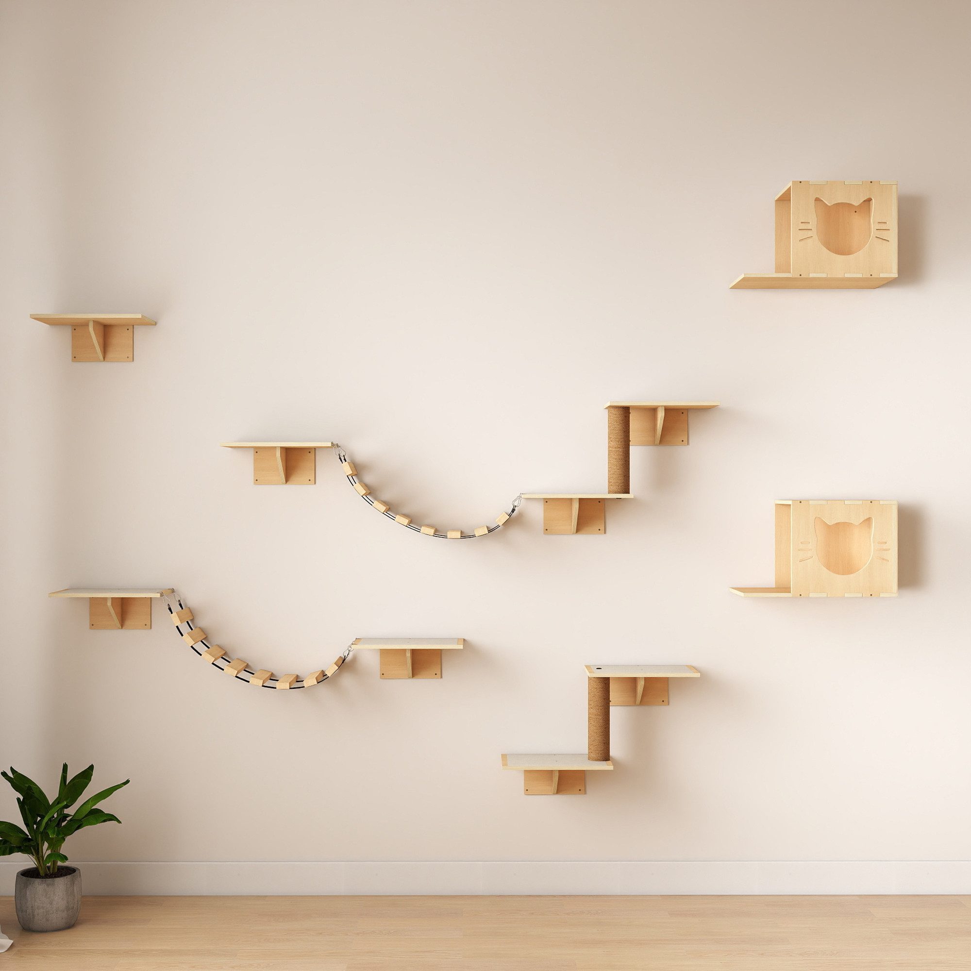 FURPAL Katzen-Kletterwand 12-teiliges Katzenregal-Set, Wandmontiertes Katzenspielzeug-Set, mit Katzenbrücke, Leiter, Korb, Katzenhaus und Kratzbaum