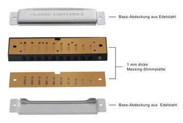 Classic Cantabile Mundharmonika AHB-250, C-Dur, (Inkl. Box & Pflegetuch), 10 Phosphor-Bronze Stimmzungen - Edelstahlgehäuse