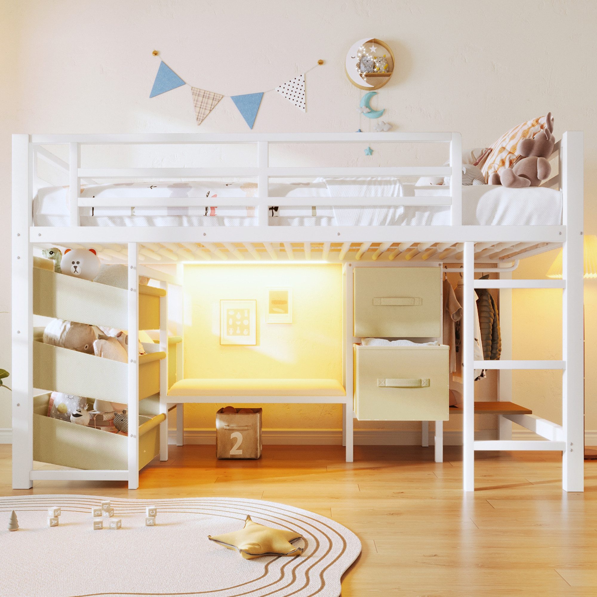 Odikalo Hochbett 90x200 Kinderbett Jugendbett mit LED und Stauraum (90x200 cm, Halbhohes Bett, mit Sitzkissen, Stoff-Stauraumschublade, Stoff-Stauraumtasche, mehrfarbiger LED-Beleuchtung, Kleiderhakenbereich, Metall, ohne Matratze)