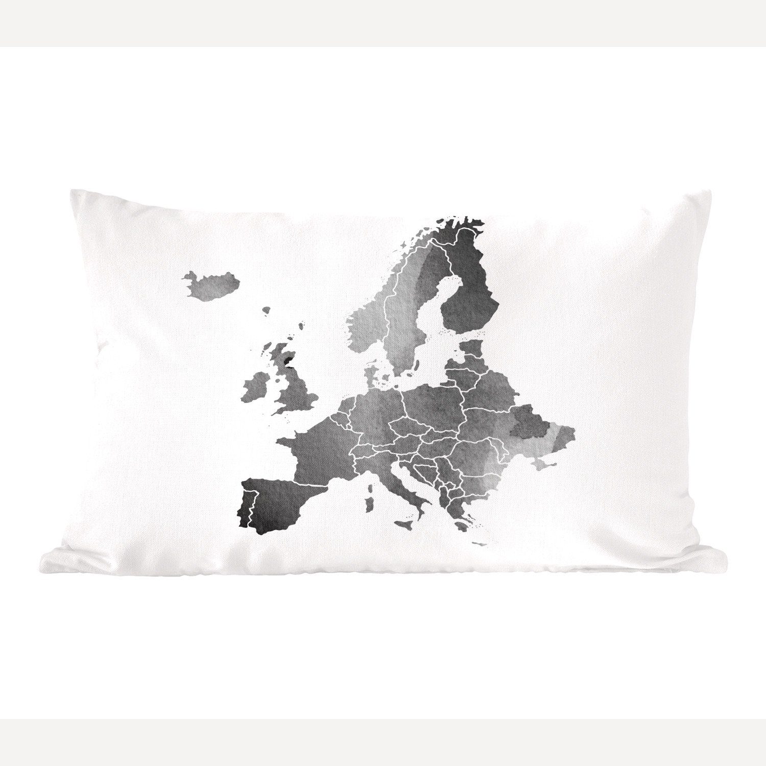 MuchoWow Dekokissen Europa-Karte in Aquarell - schwarz und weiß, Wohzimmer Dekoration, Zierkissen, Dekokissen mit Füllung, Schlafzimmer
