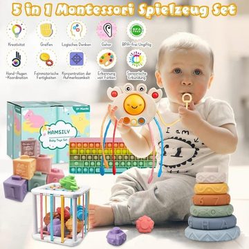 MDHAND Spielbausteine 5 in 1 Montessori Spielset, (Set, 1 St), Lebensmittelqualität Silikon Kordelzug Spielzeug