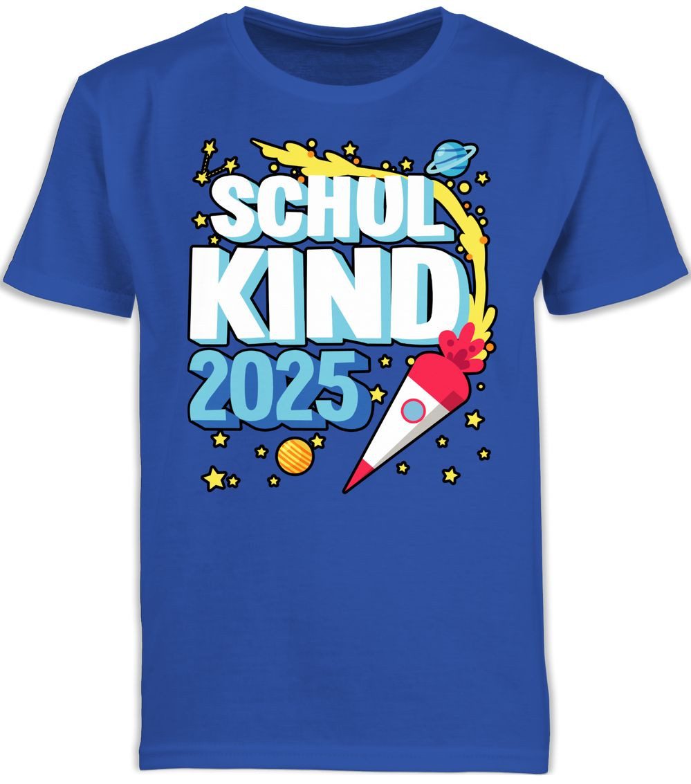 T-Shirt Endlich Schulkind 2025 mit Rakete und Sternen - schwarz