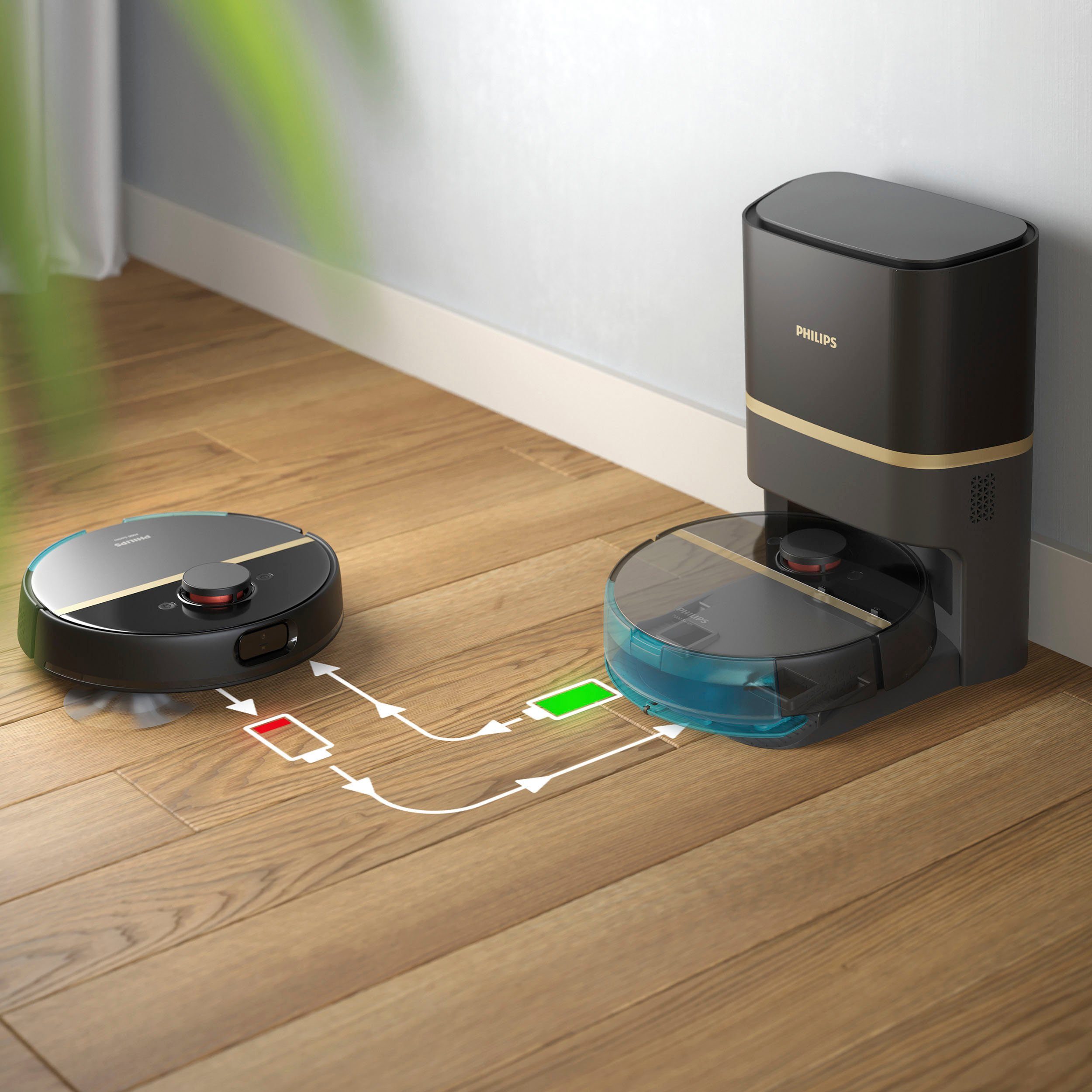 Philips Saugroboter mit Wischfunktion XU7100/01, Teppichfunktion, 360° Lasernavigation, 180 min Akkulaufzeit, ToF-Sensoren, inkl. Entleerungsstation