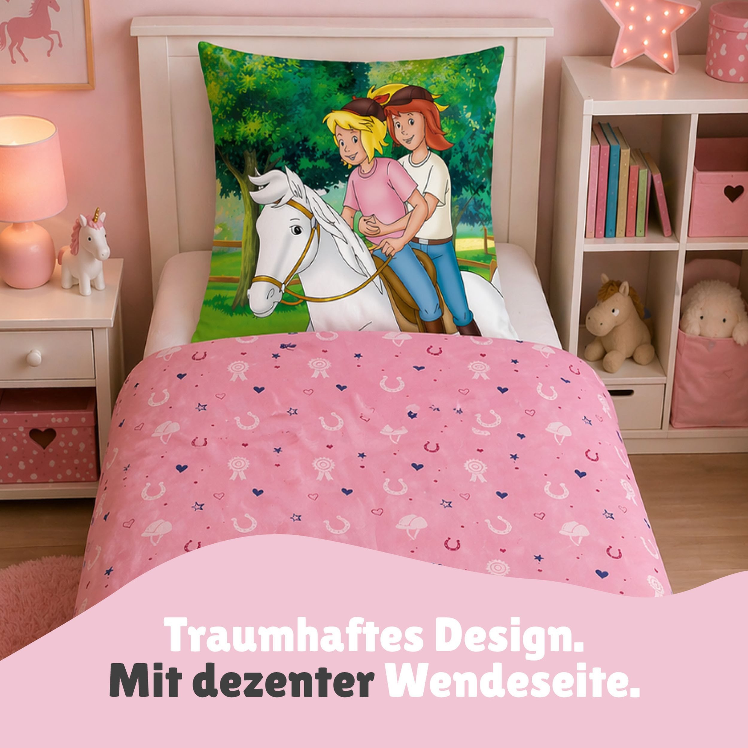 Familando Kinderbettwäsche Bibi und Tina, 100% Baumwolle, Rosa mit Pferden für Mädchen, Renforcé, 2 teilig, 135x200 80x80cm mit Reißverschluss, Wendebettwäsche – Bild 2 von 5