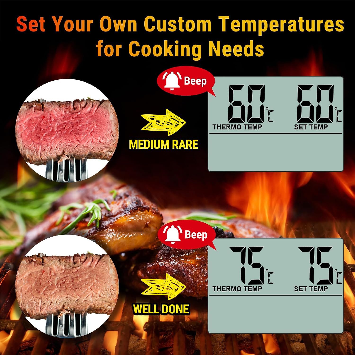 ThermoPro Grillthermometer TP16, Grillthermometer mit Sonde, Timer, Alarm, bis 300 °C, LCD