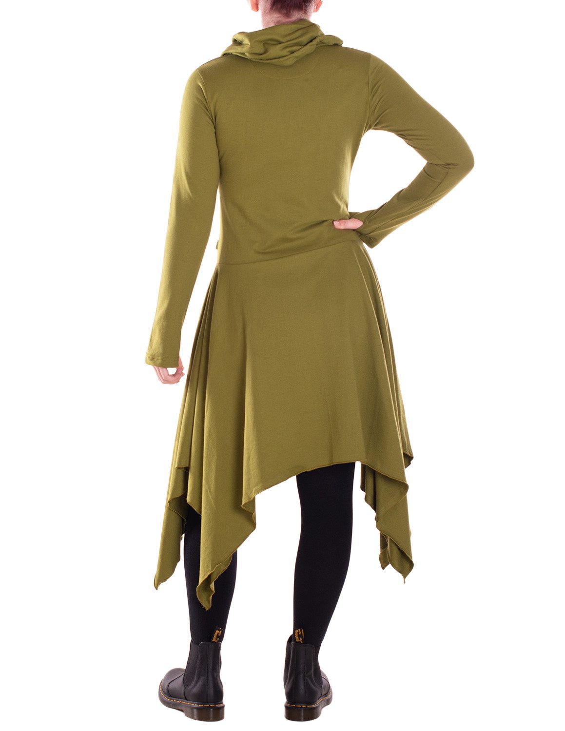 Vishes Zipfelkleid Damen Wadenlanges Kleid Baumwolle asymmetrisch Schalkragen mit Taschen Alternative Bekleidung, Ethno, Hippie, Retro Style