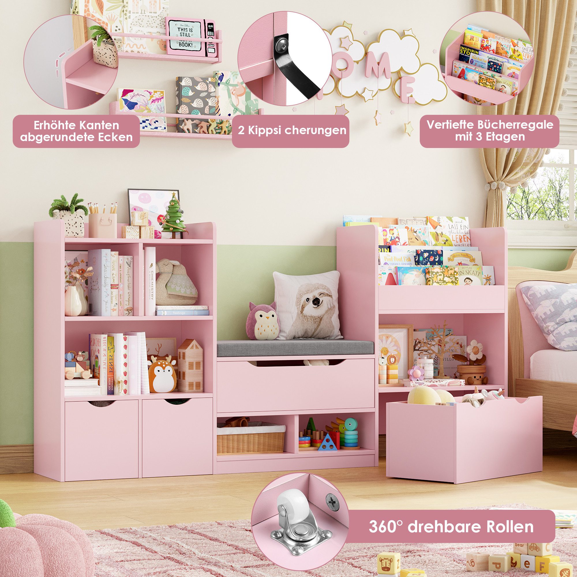 Homfa Sitzbank Kinderregal mit 3 Schubladen auf Räder 183x94x29,8 cm, Spielzeugregal mit 7 offenen Fächern Spielzeugtruhe weiß – Bild 4 von 5
