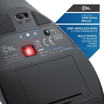 CSL ergonomische Maus (Bluetooth, Funk, Vertikal, optisch, kabellos, 2,4Ghz & Bluetooth, Armschonend, 2400 dpi)