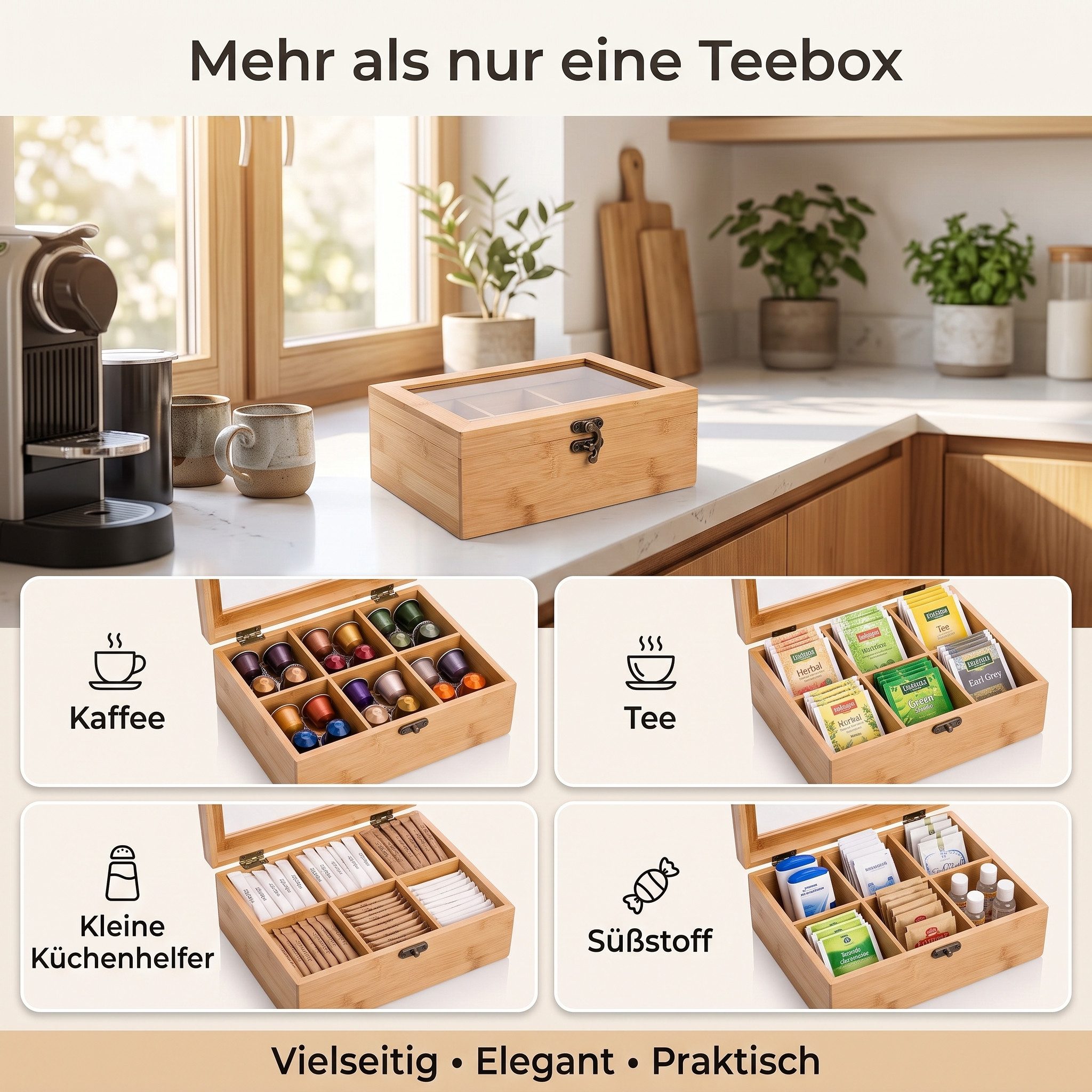hausleben Teebox Tee Organizer,Aufbewahrungsbox,kompakte Teedose für Küche, 21x16x7,5cm, (Packung, 1-tlg., 6 Fächer für Teebeutel), aus Bambus mit transparentem Deckel