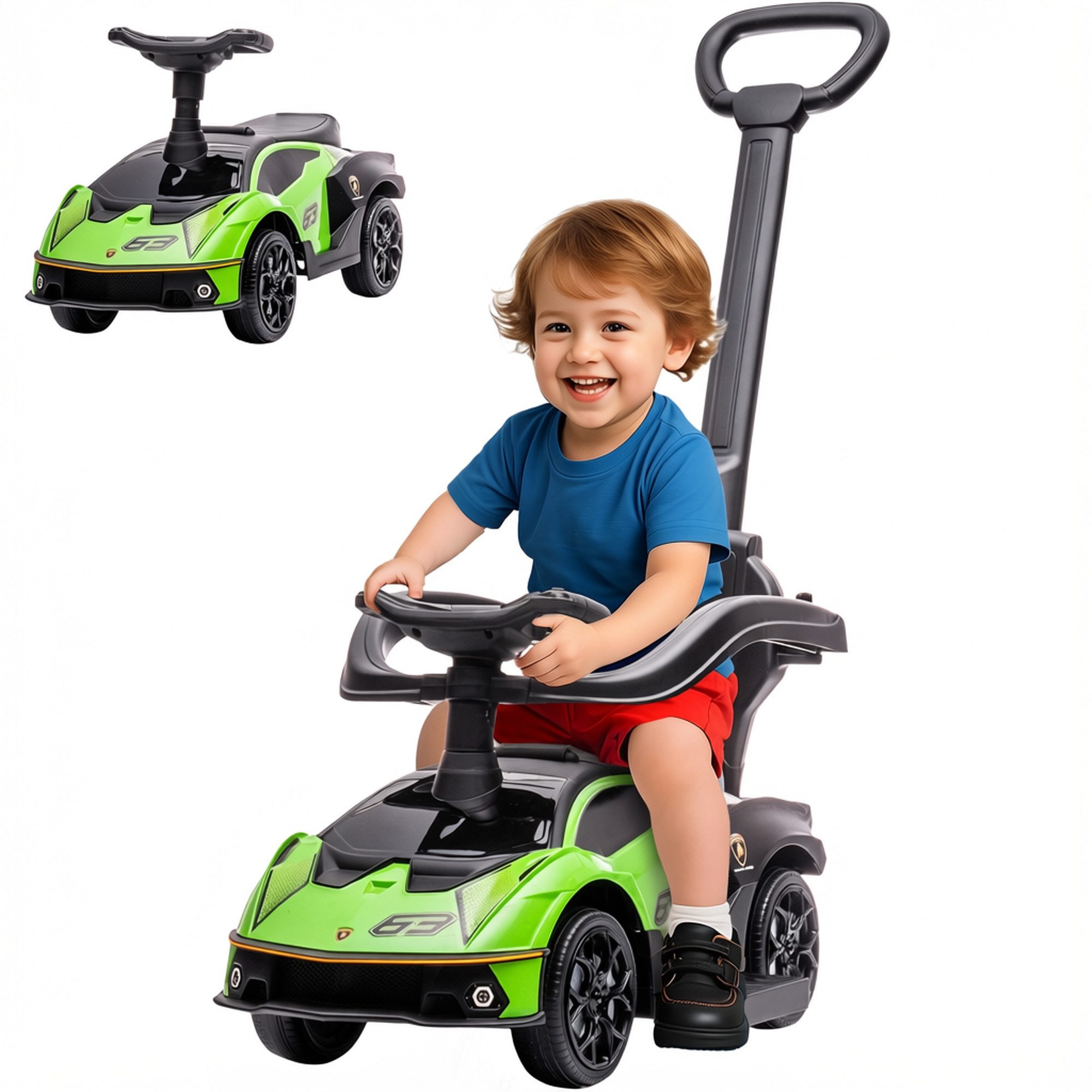 AIYAPLAY Rutscher Rutschauto mit Schiebstange Lenkrad Hupe Fußstütze Sitzstauraum, (Set, 1-tlg., 2-in-1), für Kinder 1-3 Jahre Grün