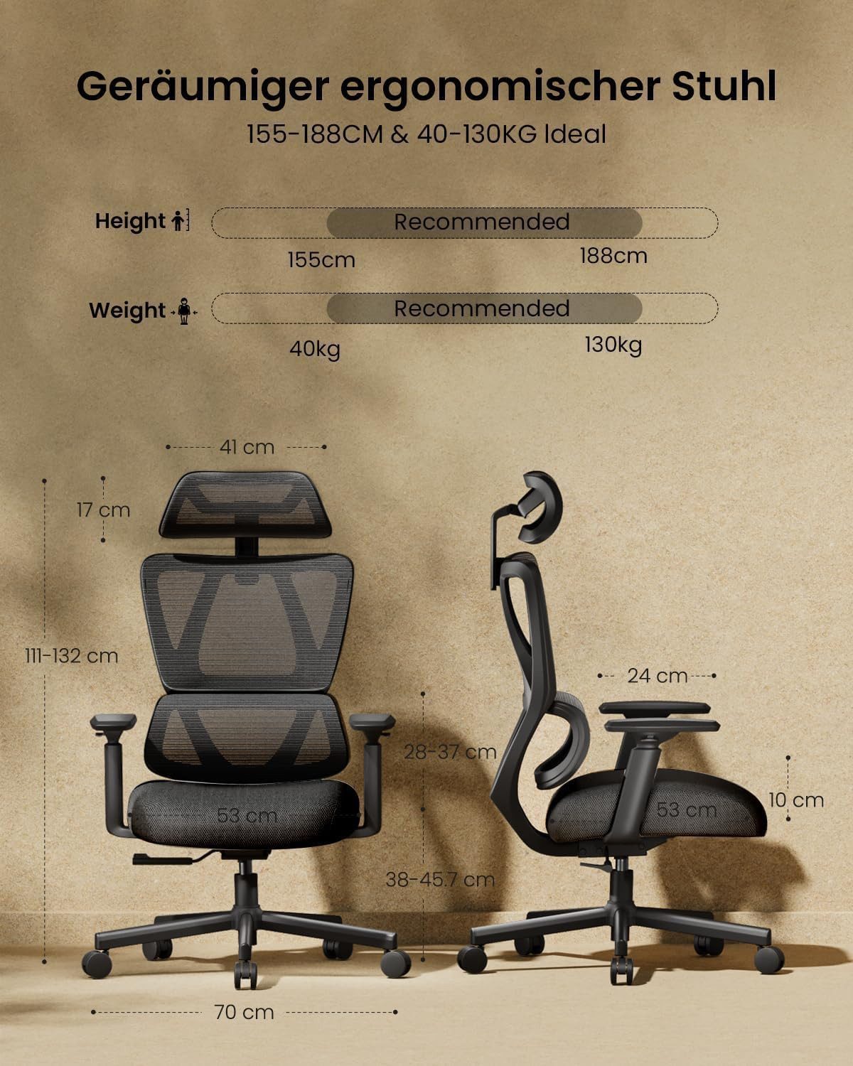 ProtoArc Bürostuhl EC100 Ergonomischer Bürostuhl Mesh mit 10 cm dickem Federkissen (Set), Verstellbarer Armlehne & Kopfstütze für Home-Office