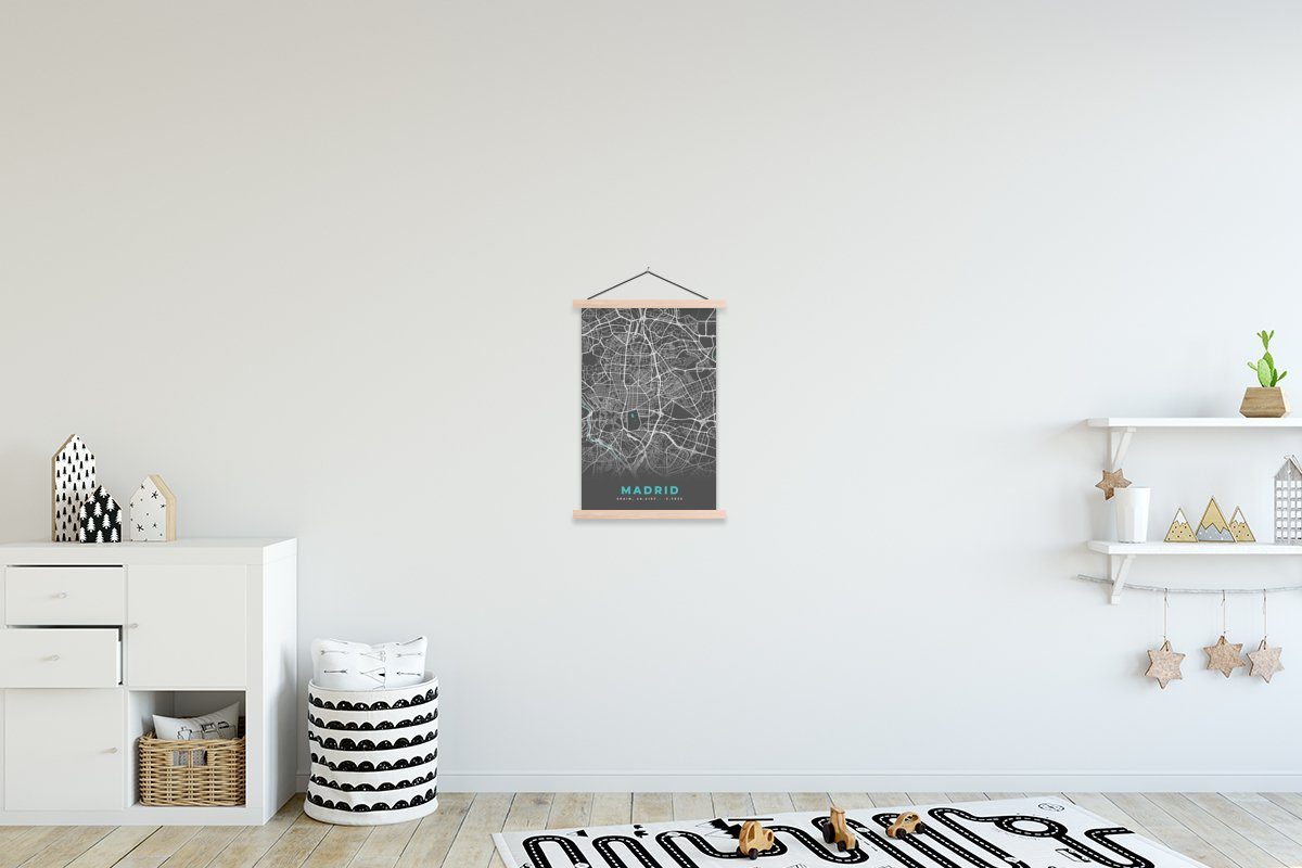 Textilposter für MuchoWow Blau Wohnzimmer, Madrid Stadtplan, Poster Magnetisch - Bilderleiste, St), - Posterleiste, Karte (1 -