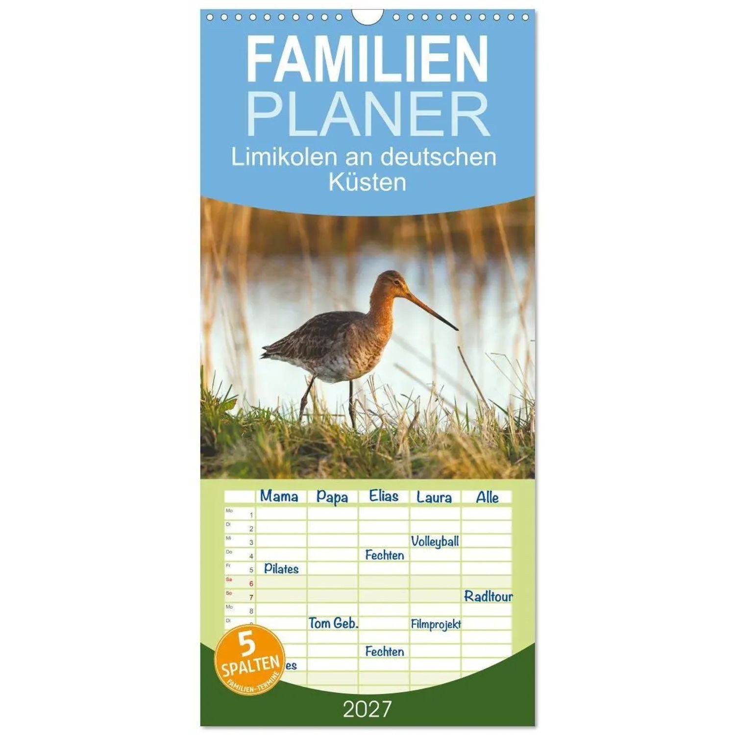 CALVENDO Wandkalender Familienplaner 2027 - Limikolen an deutschen Küsten mit 5 Spalten...
