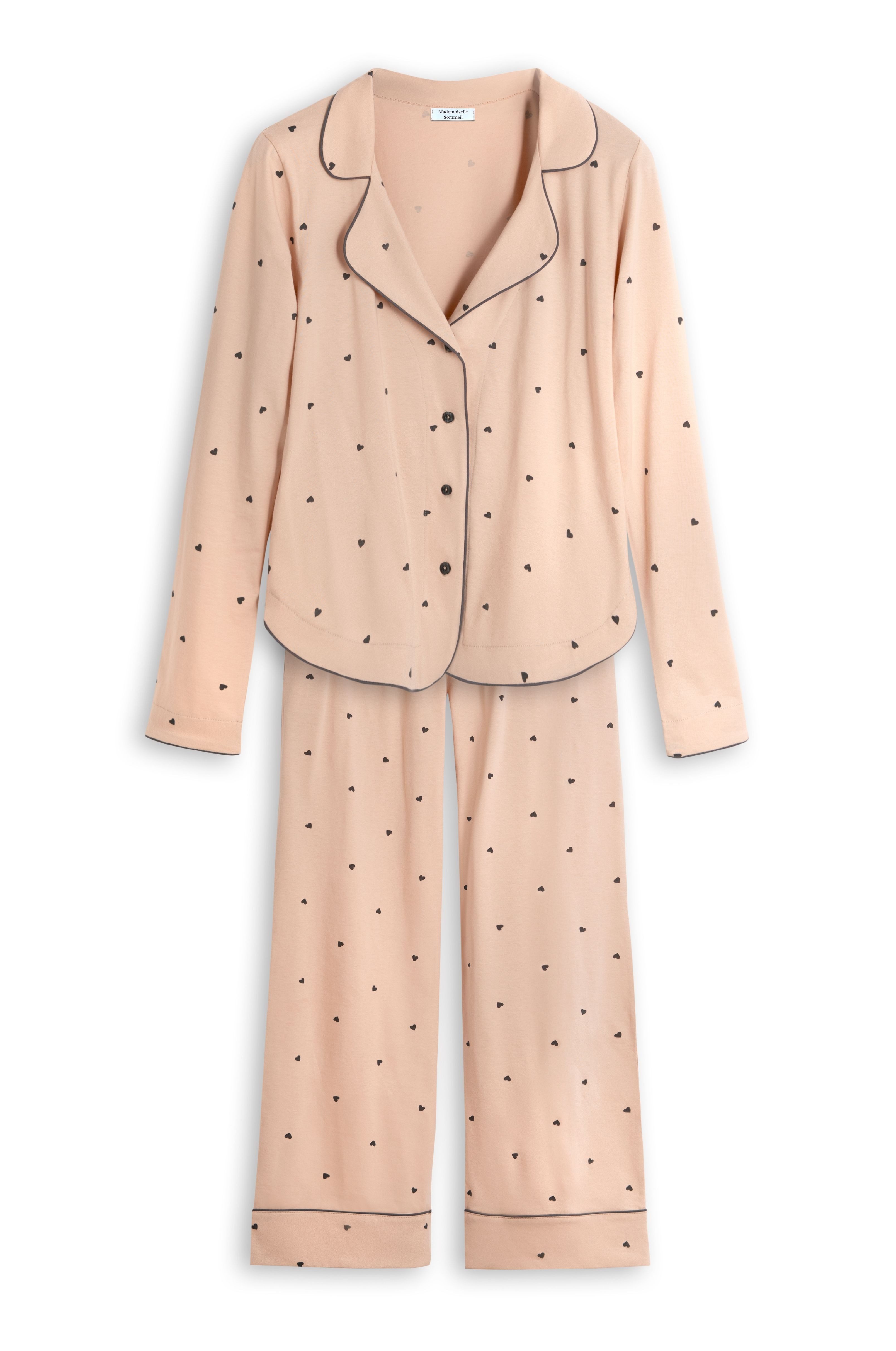 Mademoiselle Sommeil Pyjama Damen Schlafanzug in Beige mit Herzprint aus 100% Baumwolle Langarm-Hemd & lange Hose, Knopfleiste, Taschen, gefertigt in Polen