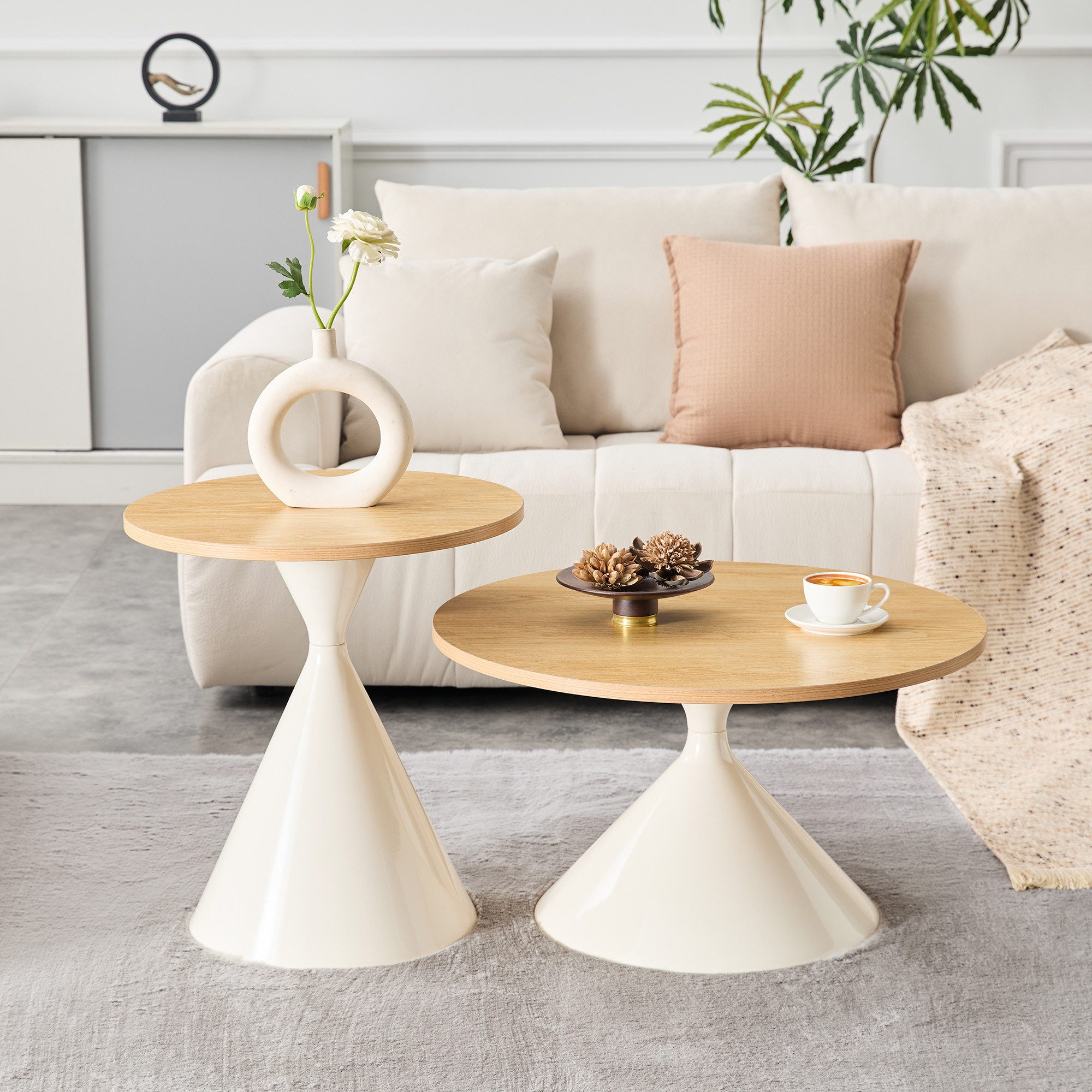 i@home Couchtisch Sanduhr-Serie 2er-Set Beistelltisch rund Carbonstahl-Untergestell (Packung Set, 2 Tisch), markanter Konusform,platzsparend stapelbar