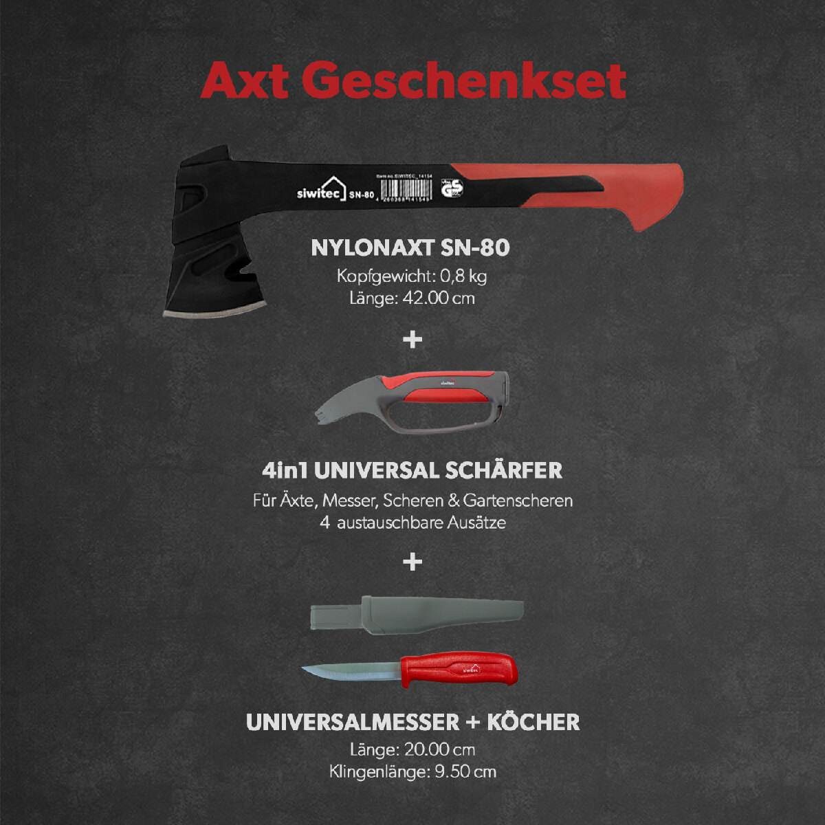 siwitec Axt Axt Geschenk Set, Universalaxt SN-80 800g Kopfgewicht Schärfer Messer, C45 Carbon Stahl, GS-Verifizierung, wechselbare Aufsätze des Schärfers