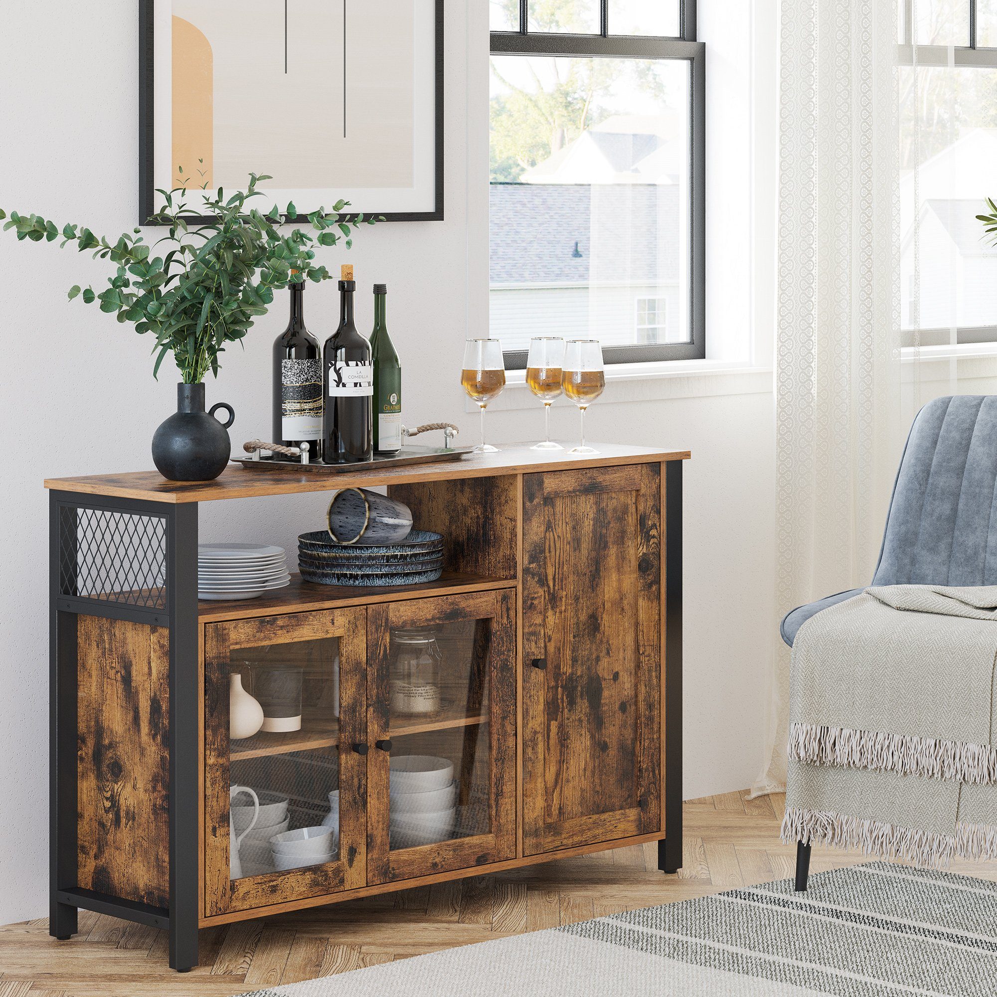 VASAGLE Buffet Küchenschrank Kommode, 110 x 33 x 75 cm, mit 3 Türen