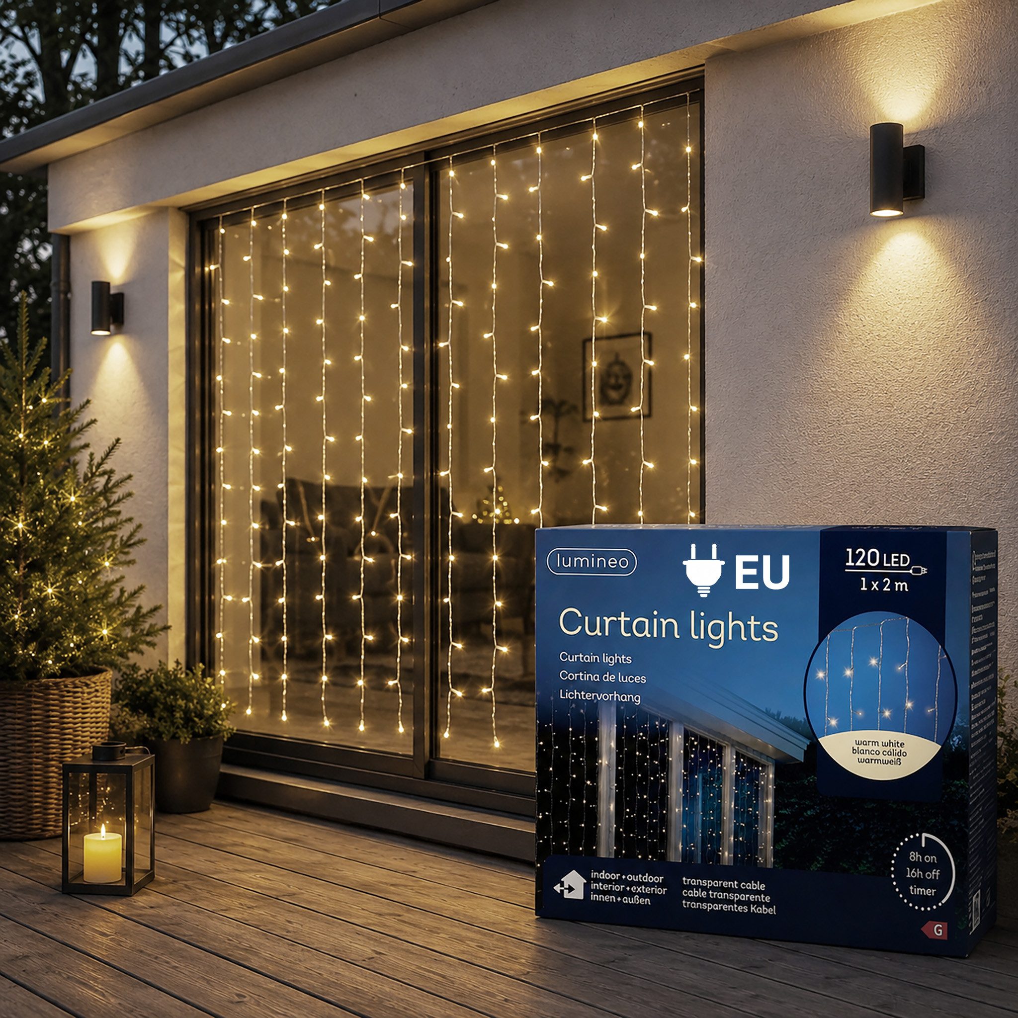 Lumineo LED-Lichterkette, LED Lichtervorhang 2x1m - 8 Lichtstränge 120 LEDs Warmweiß transparent