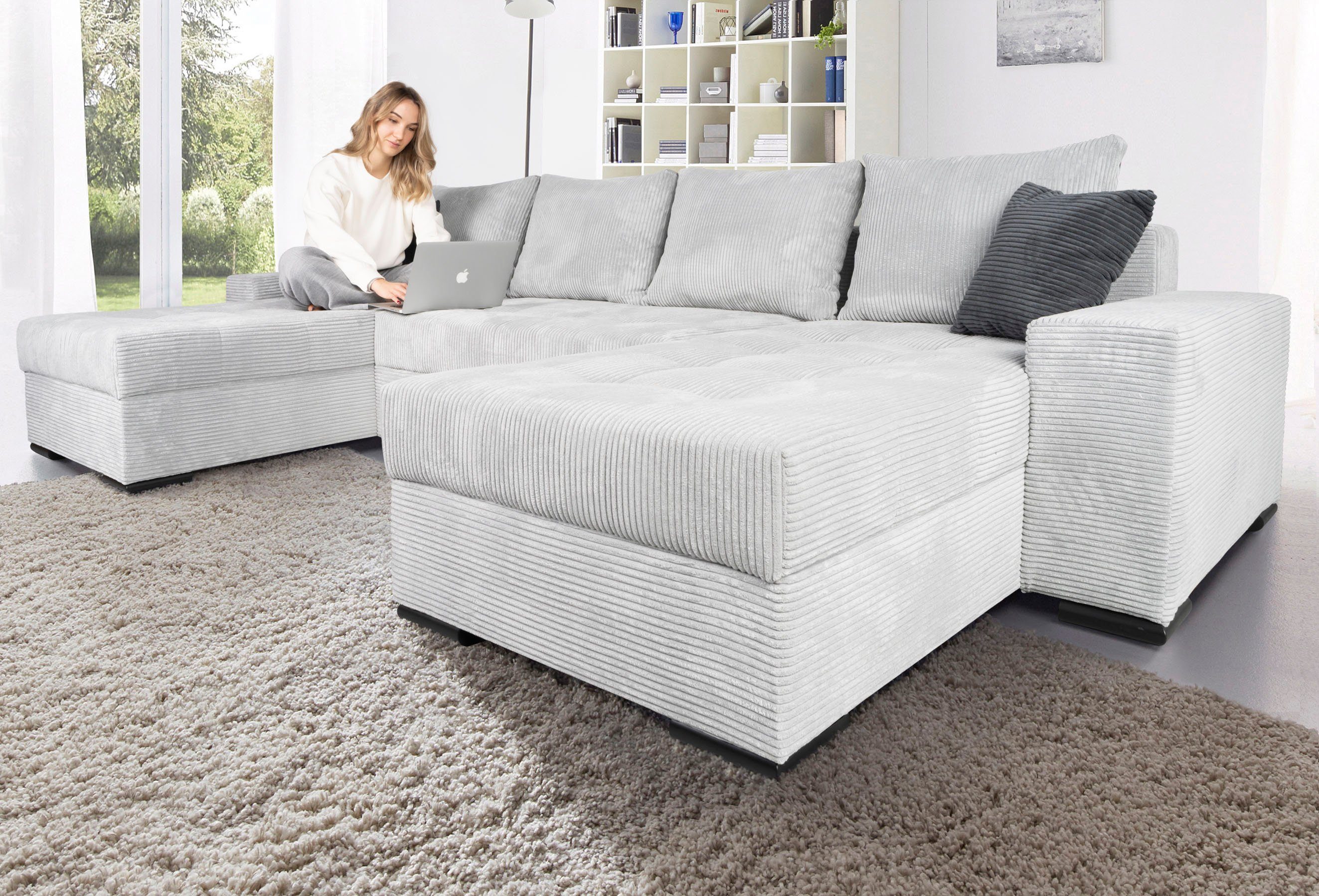 COLLECTION AB Wohnlandschaft Josy XL U-Form, B: 313 cm in Cord, Cord-Mix, mit Bettfunktion, Bettkasten & 2 Zierkissen, Federkern