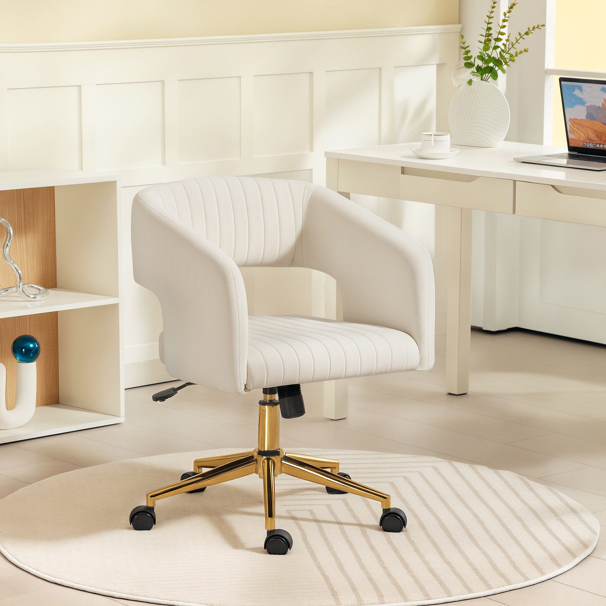 HOMCOM Bürostuhl Schreibtischstuhl mit Samtoptik höhenverstellbar Drehstuhl (Computerstuhl, 1 St), für Wohnzimmer, Büro, Cremeweiß