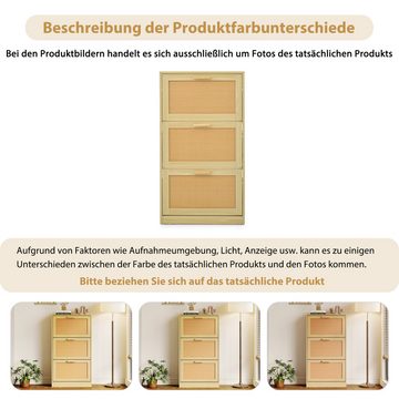 Blusmart Schuhregal Holzwerkstoff & Rattan Natur Schuhschrank, 3 Türen, Breite 60/Höhe 109,5/Tiefe 24 cm 1-tlg., Schuhregal für schmale Flure