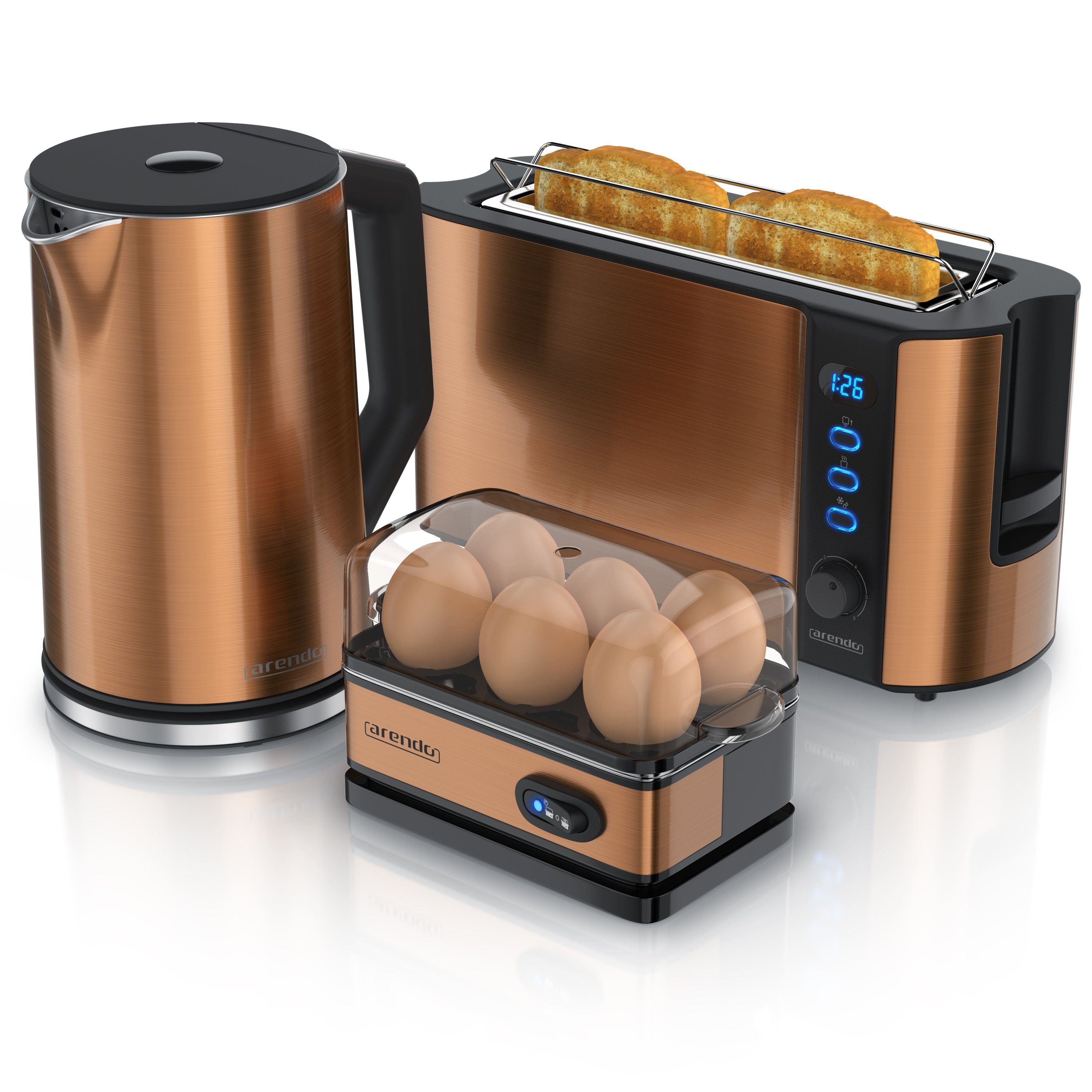 Arendo Frühstücks-Set (3-tlg), Wasserkocher 1,5l, 2-Scheiben Toaster, 6er  Eierkocher, Kupfer
