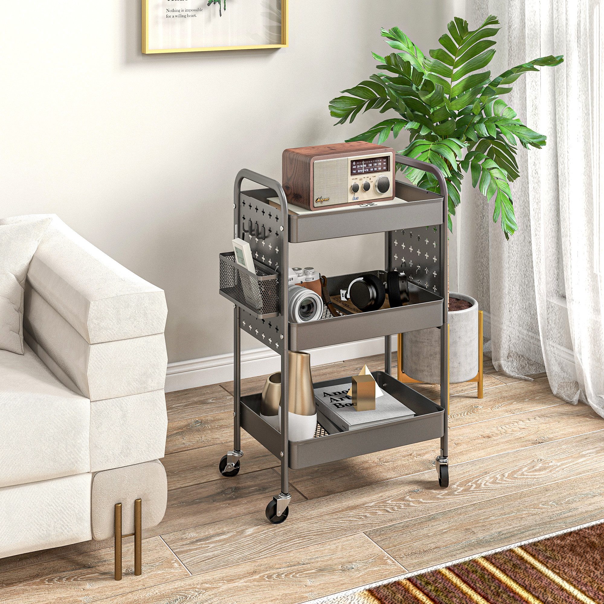 HOMCOM Servierwagen Rollwagen, Servierwagen mit 3 Etagen, 2 Hängekörbe, (Aufbewahrungswagen mit Griff, 1 St., Küchenwagen), für Küche, Wohnzimmer, Stahl, Schwarz