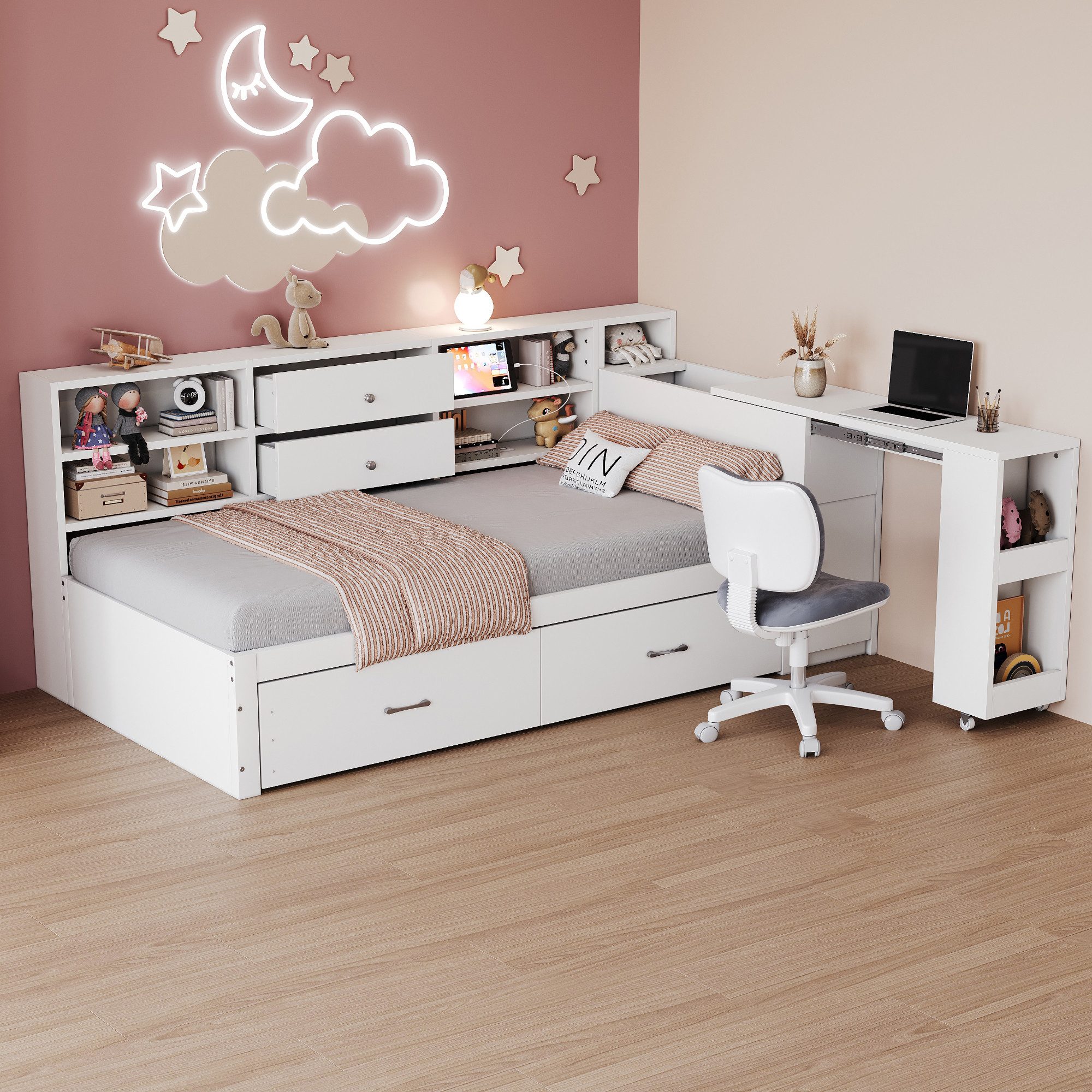 Odikalo Schlafsofa Schlafcouch 90x200 Polsterbett mit Schreibtisch & Stauraum, Holzschlafsofa 90x200 cm, multifunktionaler Stauraum, verdeckte Staufächer und Regale, 2 große Schubladen, Multifunktionssteckdose, ausziehbarer Schreibtisch, Einzelbett, Jugen