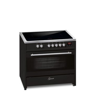 GURARI Induktions-Standherd E 913 BL+GCH 046 Bl 9, Range Cooker 90 cm/ 121L+ Dunstabzugshaube 90 cm